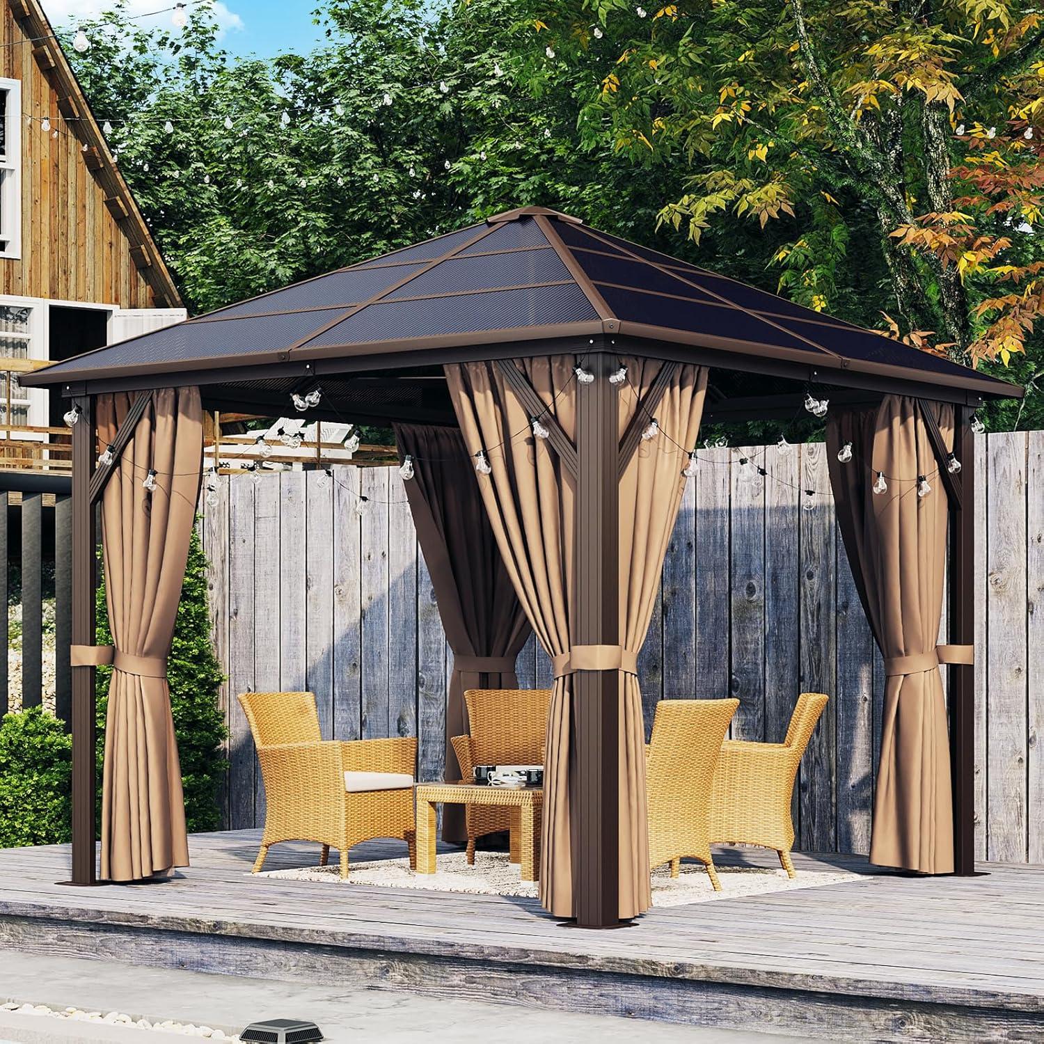 Aoxun 10' x 10' Brown Aluminum Gazebo with Curtains and Netting