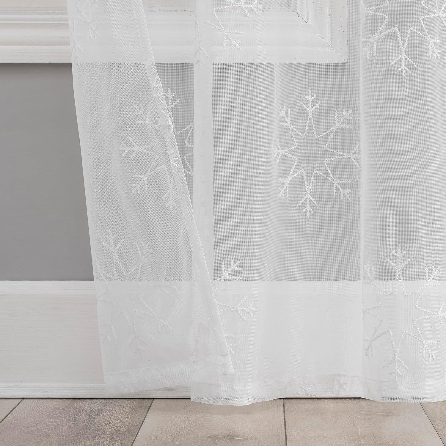 No. 918 Holiday Snowflake 1-Piece Embroidery Sheer Rod Pocket Curtain Panel, 36"x63", White