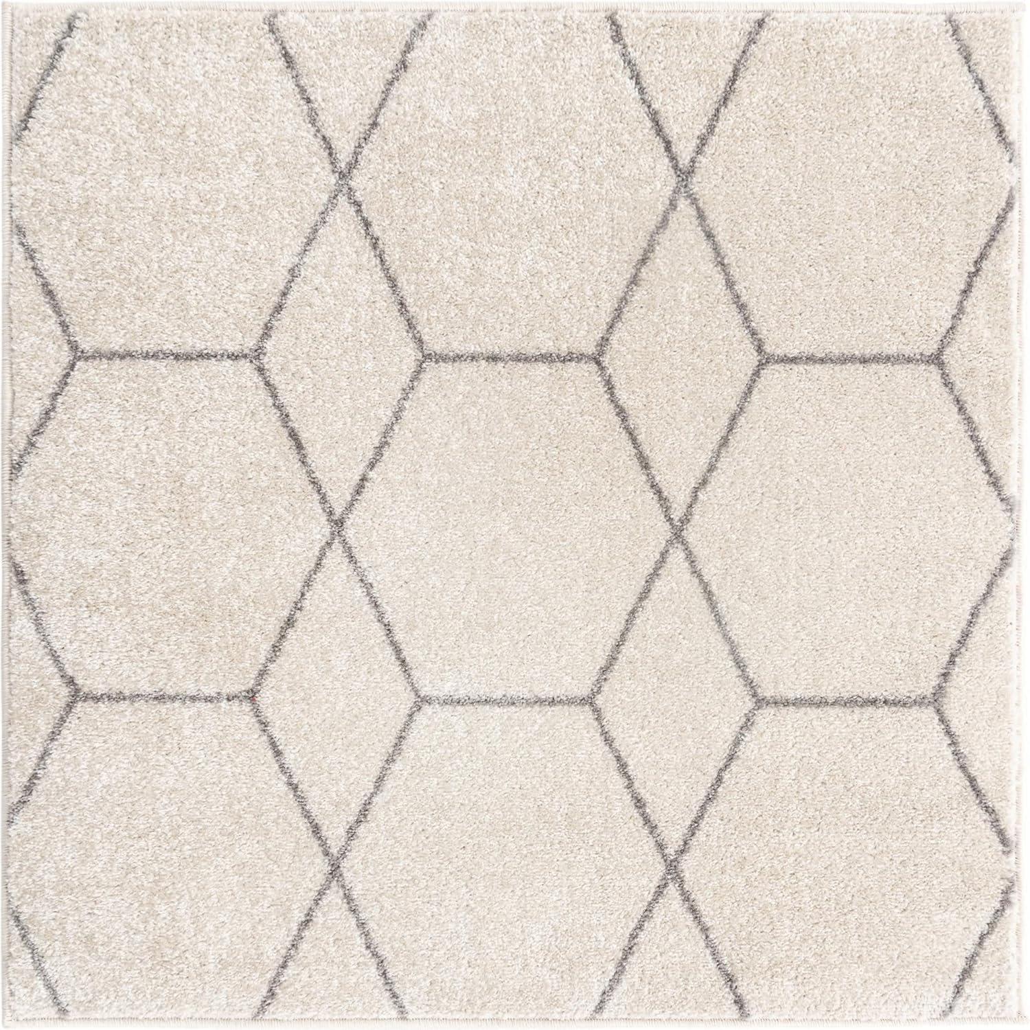 Ivory and Gray Trellis Square Synthetic Area Rug