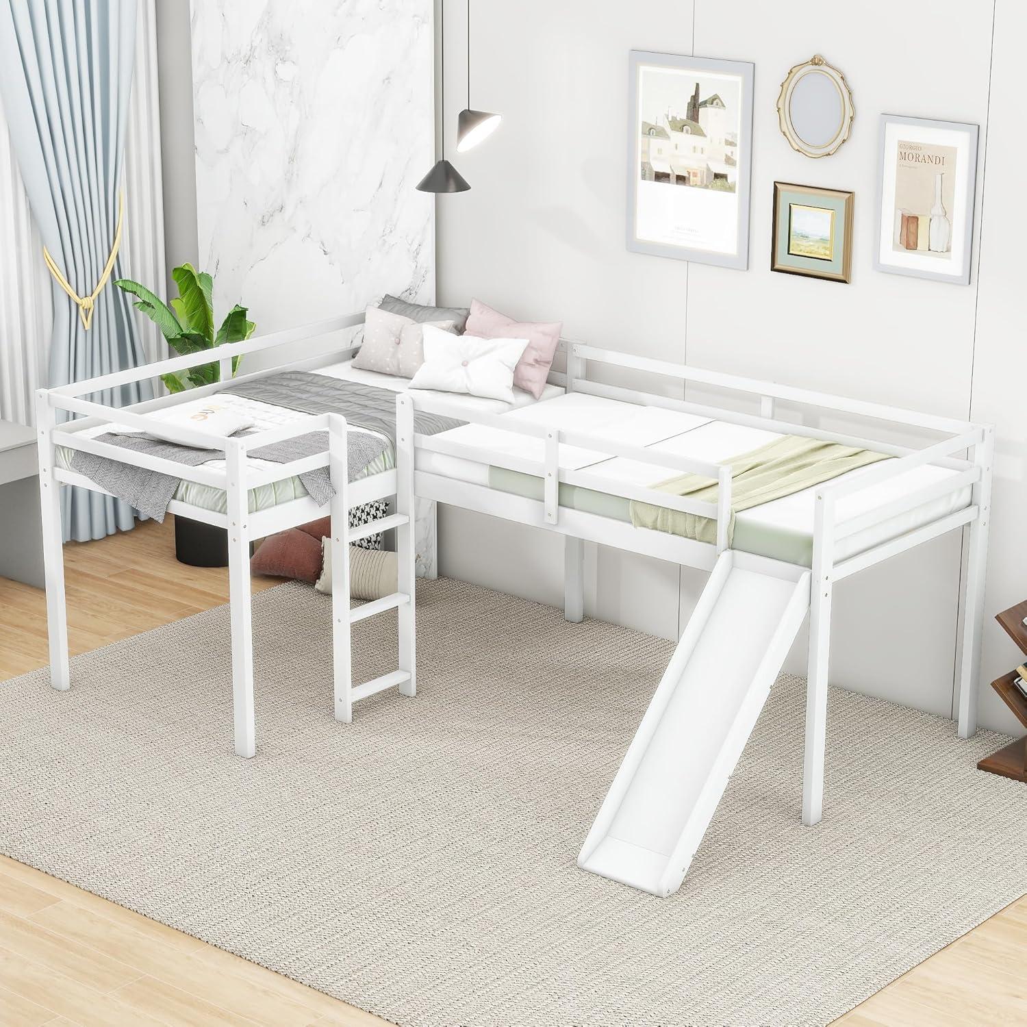 Two Loft Bed L Shaped Twin Bunk Bed with Ladders and Slide, Bunk Bed for Family, Kids, Teens, No Box Spring Needed