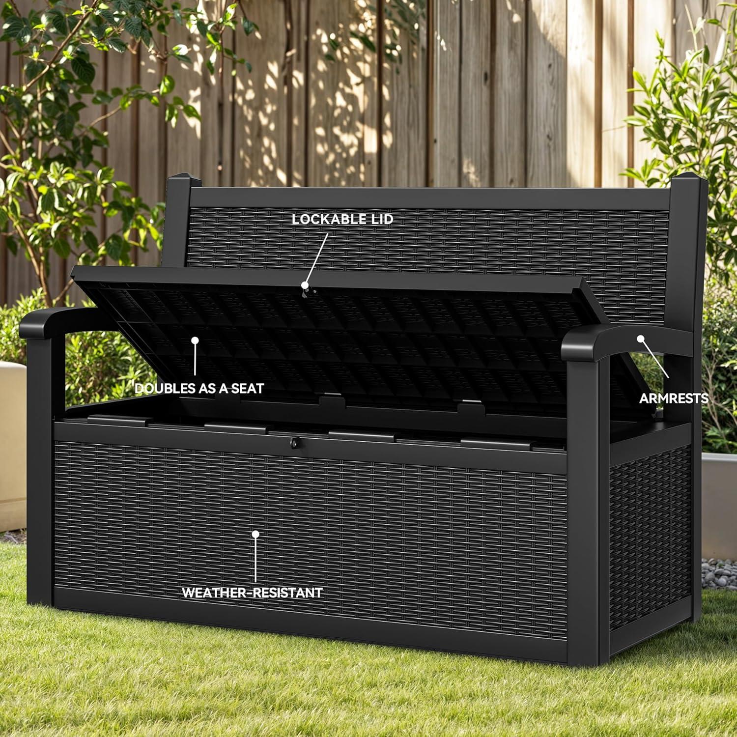 YITAHOME 32 Gallon Rattan Deck Box, Indoor Outdoor Storage Box for Patio Furniture, Pool Accessories, Cushions, Garden Tools, Sports Equipment, Waterproof Resin with Lockable Lid & Side Handles, Black