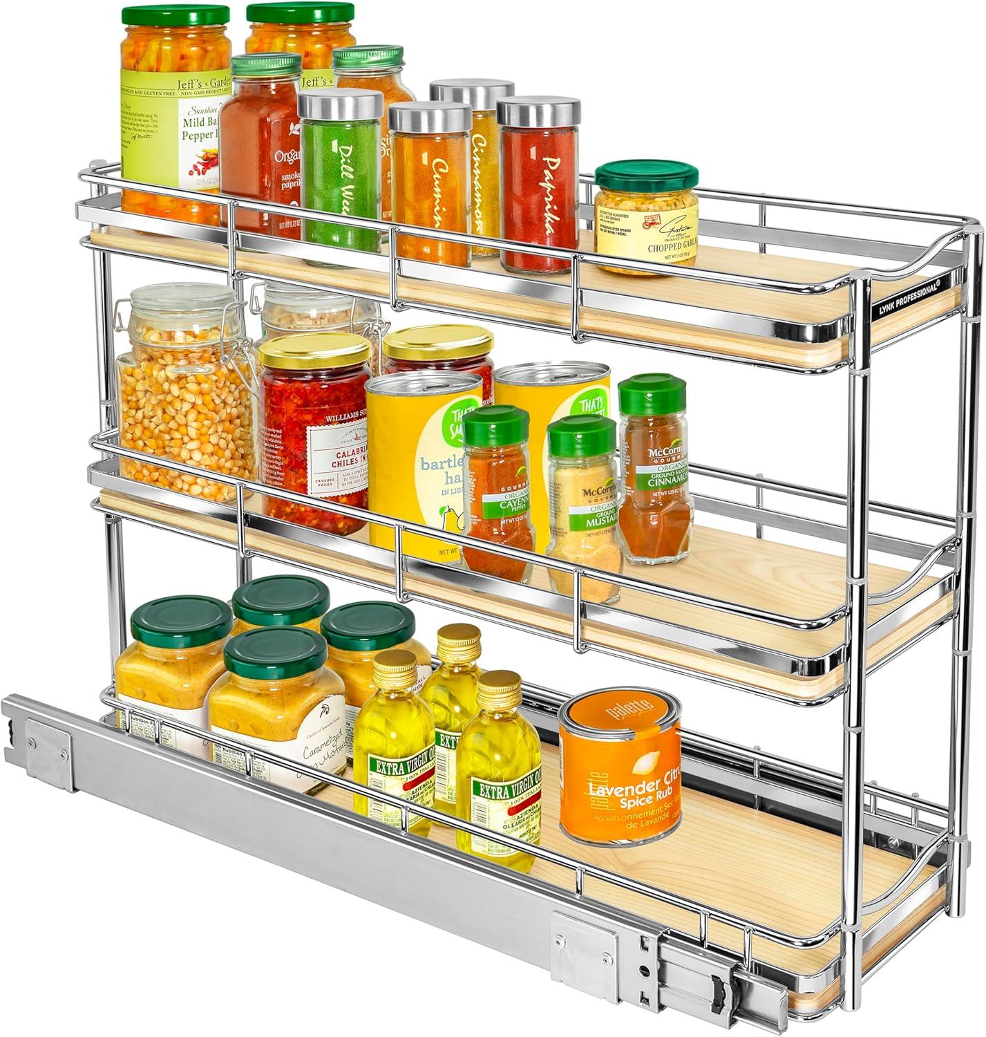 LYNK PROFESSIONAL® Elite™ Pull Out Cabinet Organizer - 6”x21” - Sliding Spice, Bottle Storage - Narrow Slide Out Drawers for Kitchen Cabinets, Roll Out Shelves - Lifetime Ltd Warranty, Wood and Chrome