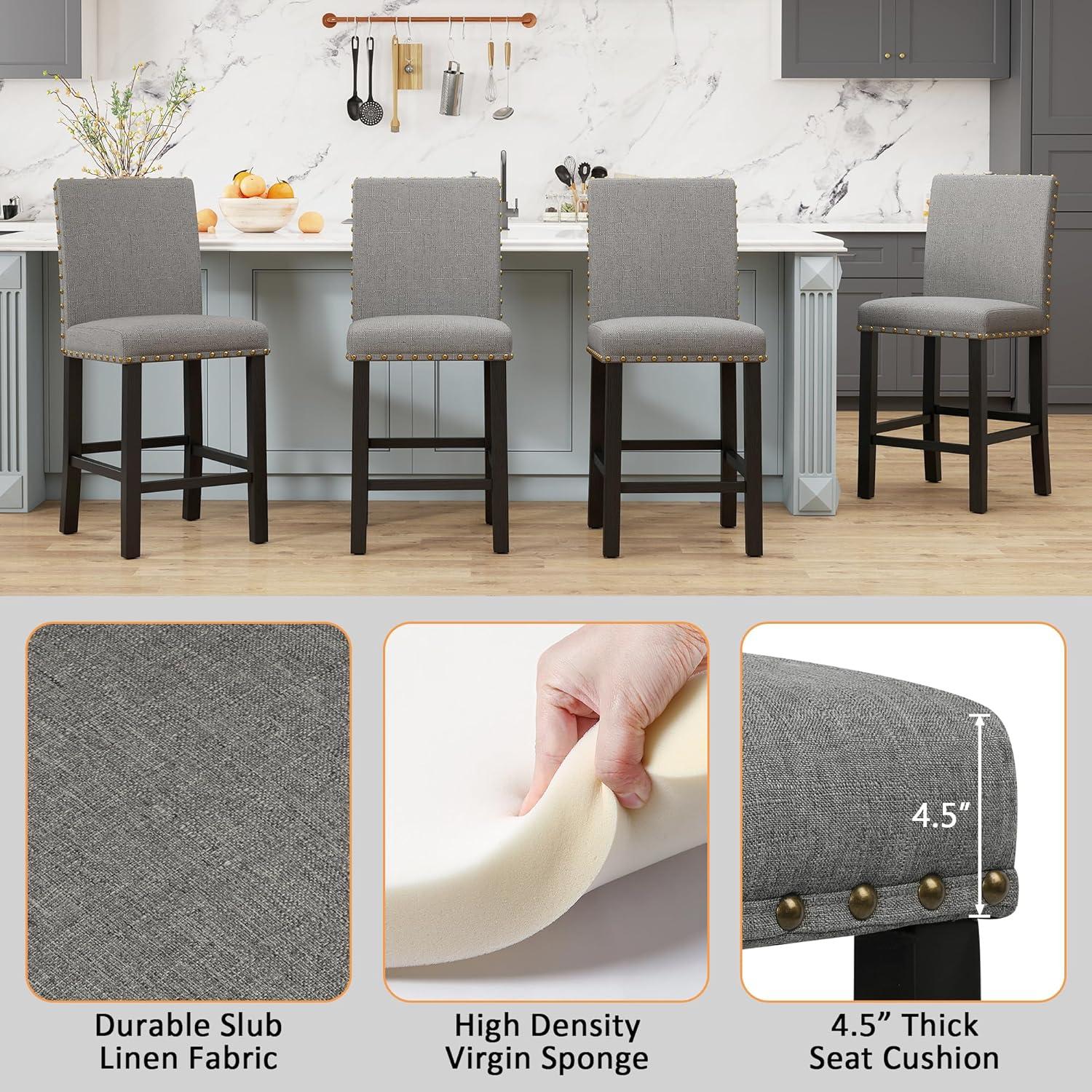 GOTMINSI Counter Height Bar Stool, Classic Upholstered 24 Inches Counter Height Stools Set of 4 barstools with Solid Wood Legs and Grey Fabric
