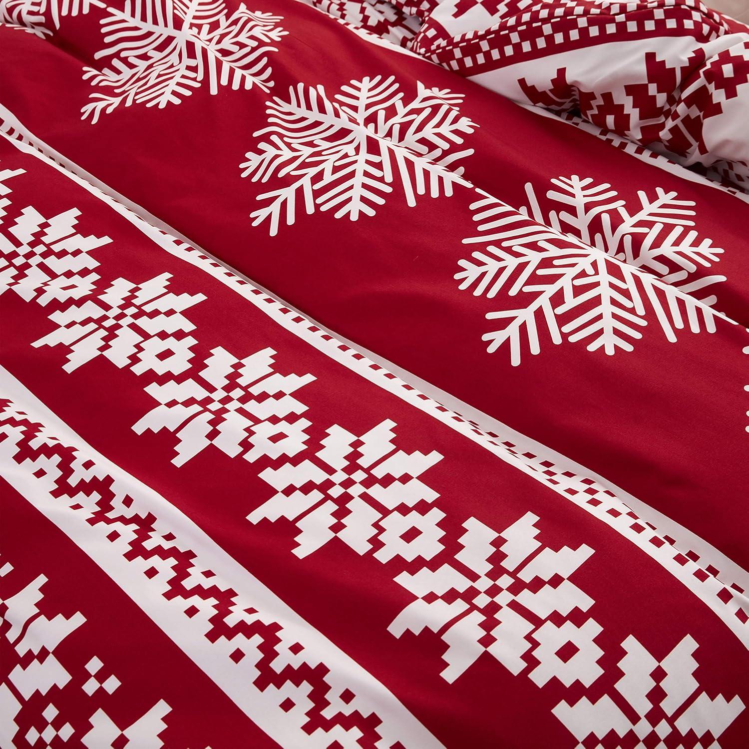 King Red and White Snowflake Pattern Christmas Duvet Cover Set