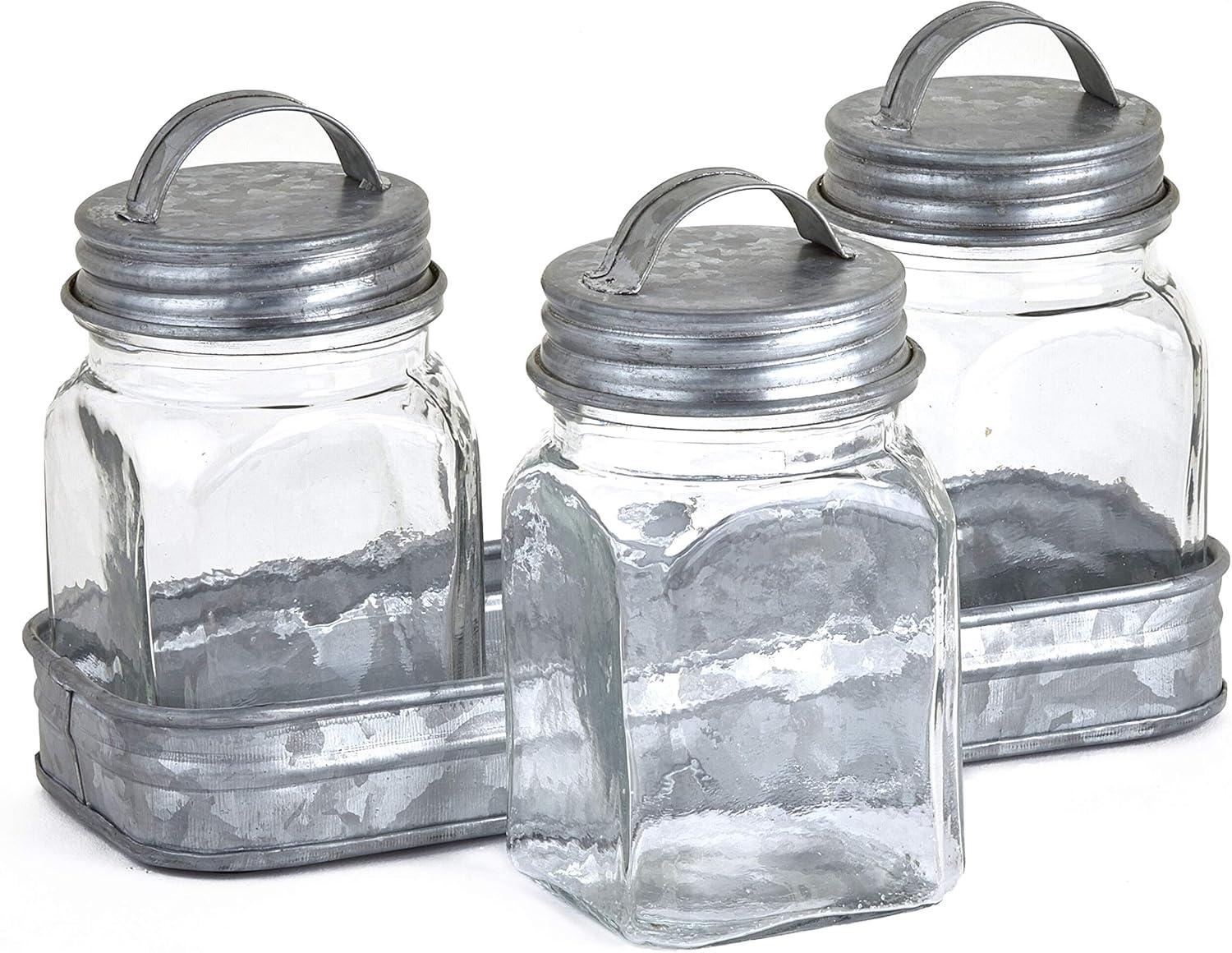 Set of 3 Glass Canisters in Galvanized Tray - Set of 3 Glass Canisters in Tray