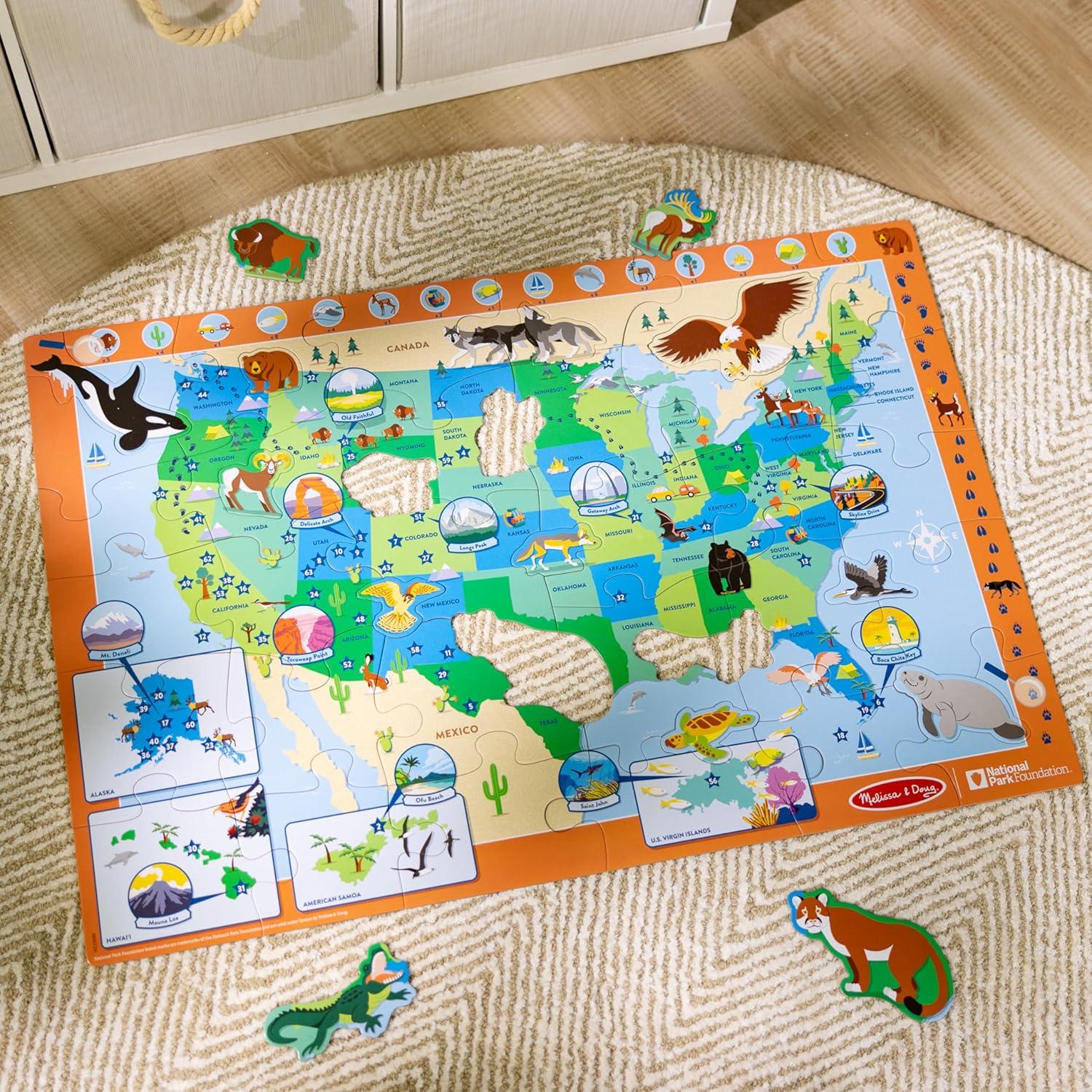 Melissa & Doug National Parks U.S.A. Map Floor Puzzle – 45 Jumbo and Animal Shaped Pieces, Search-and-Find Activities, Park and Animal ID Guide - FSC Certified