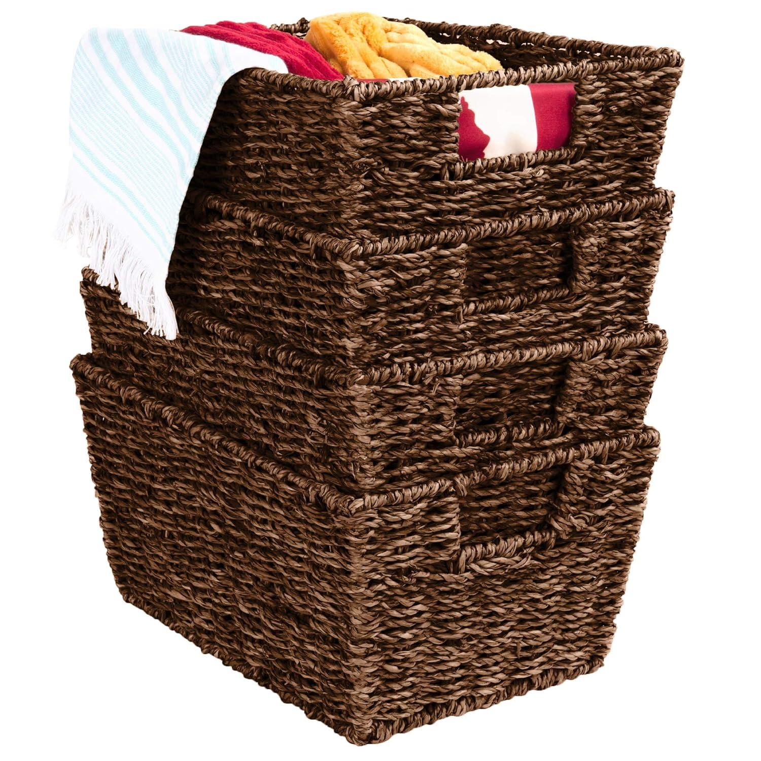 Rosecliff Heights 4 Multipurpose Stackable Seagrass Laundry Organizer Tote Baskets w/ Insert Handles