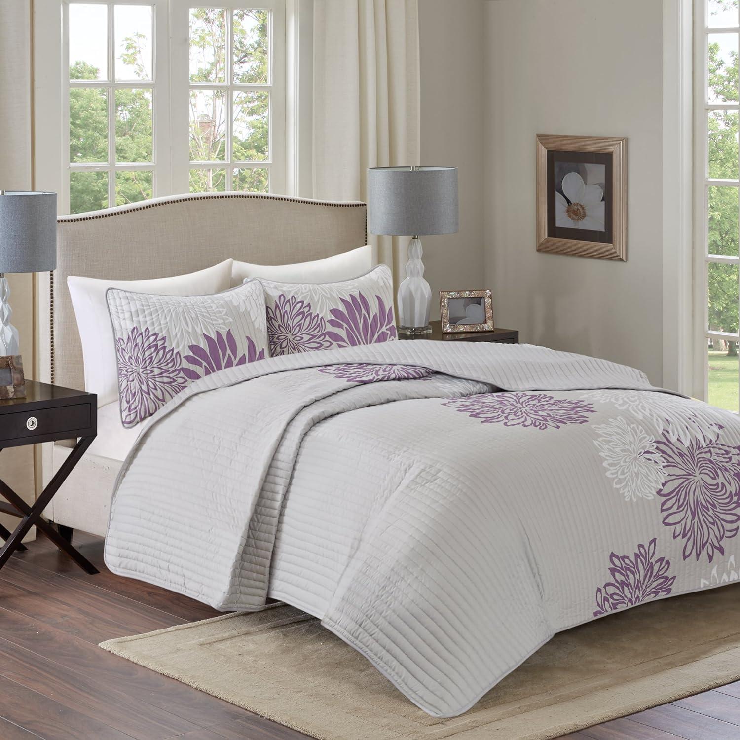 Comfort Spaces King/Cal King Size Quilt Set, 3-Piece Floral Bedspread Bedding Set, Purple and Gray Coverlet Set for All Season, Lightweight Comforter Set