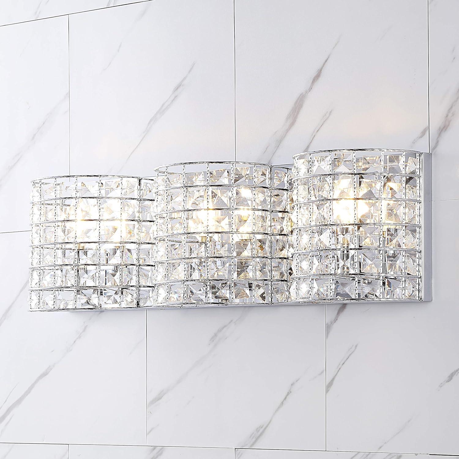 Clara Deco 24" 3-Light Metal/Crystal Classic Glam LED Vanity Light, Chrome