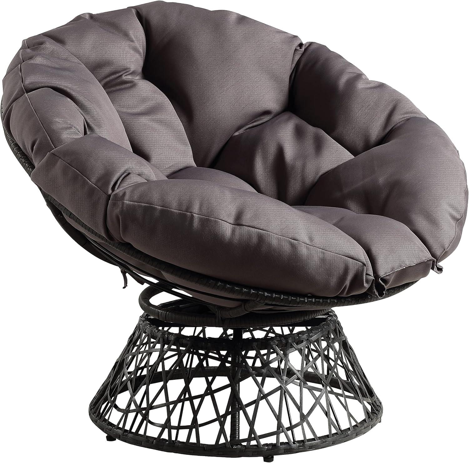 Wicker Papasan Chair with 360-Degree Swivel, Grey Frame with Grey Cushion