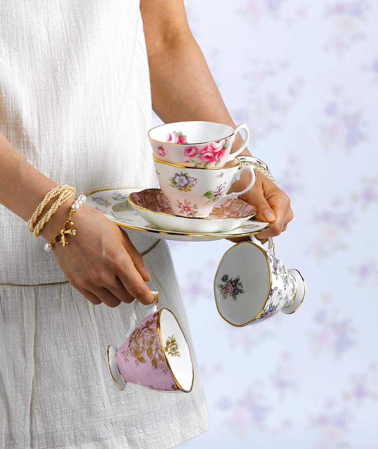 Spring Meadow Floral Porcelain Teacup, Saucer, and Plate Set