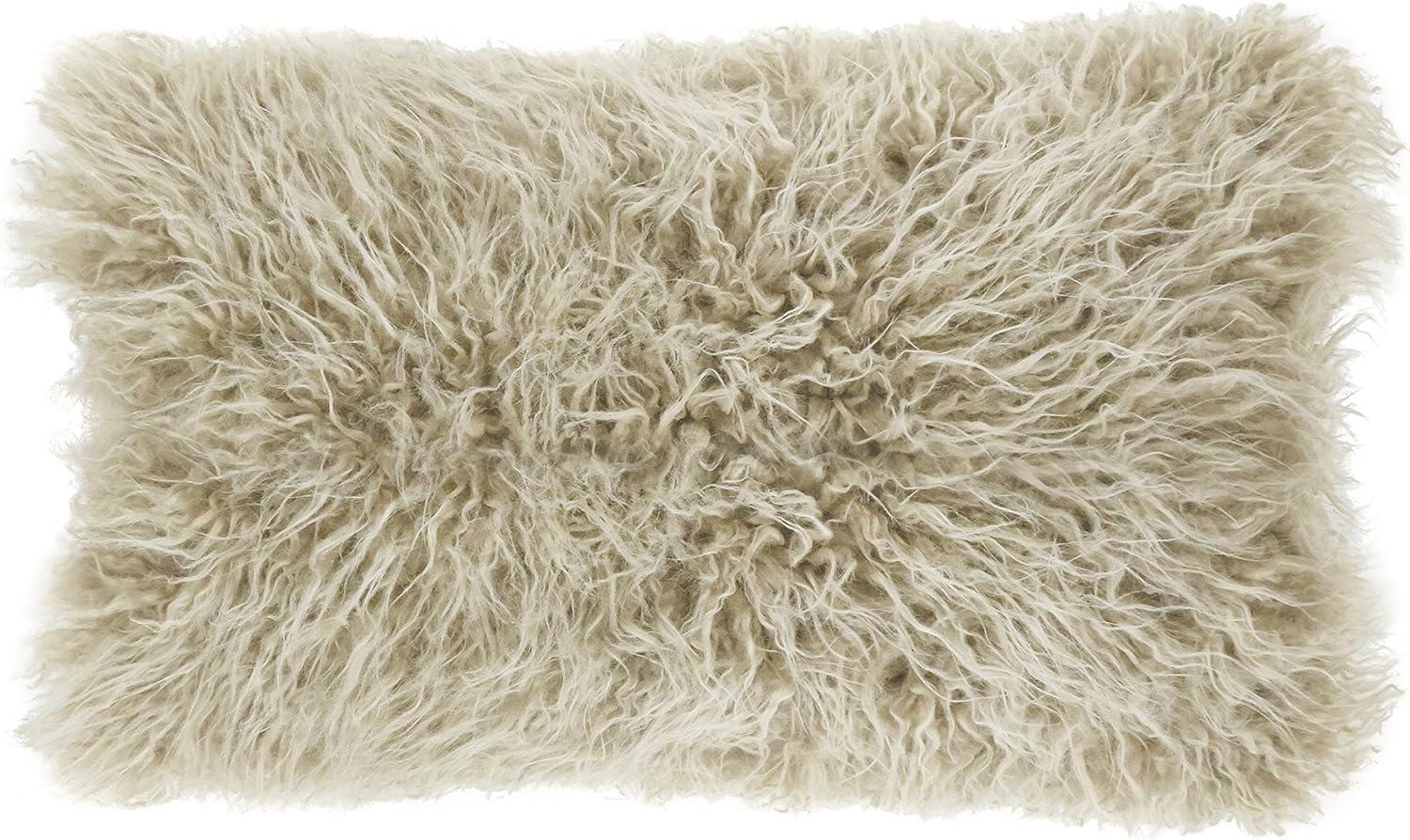 SARO  12 x 20 in. Rectangle Mongolian Faux Fur Throw Pillow - Oatmeal