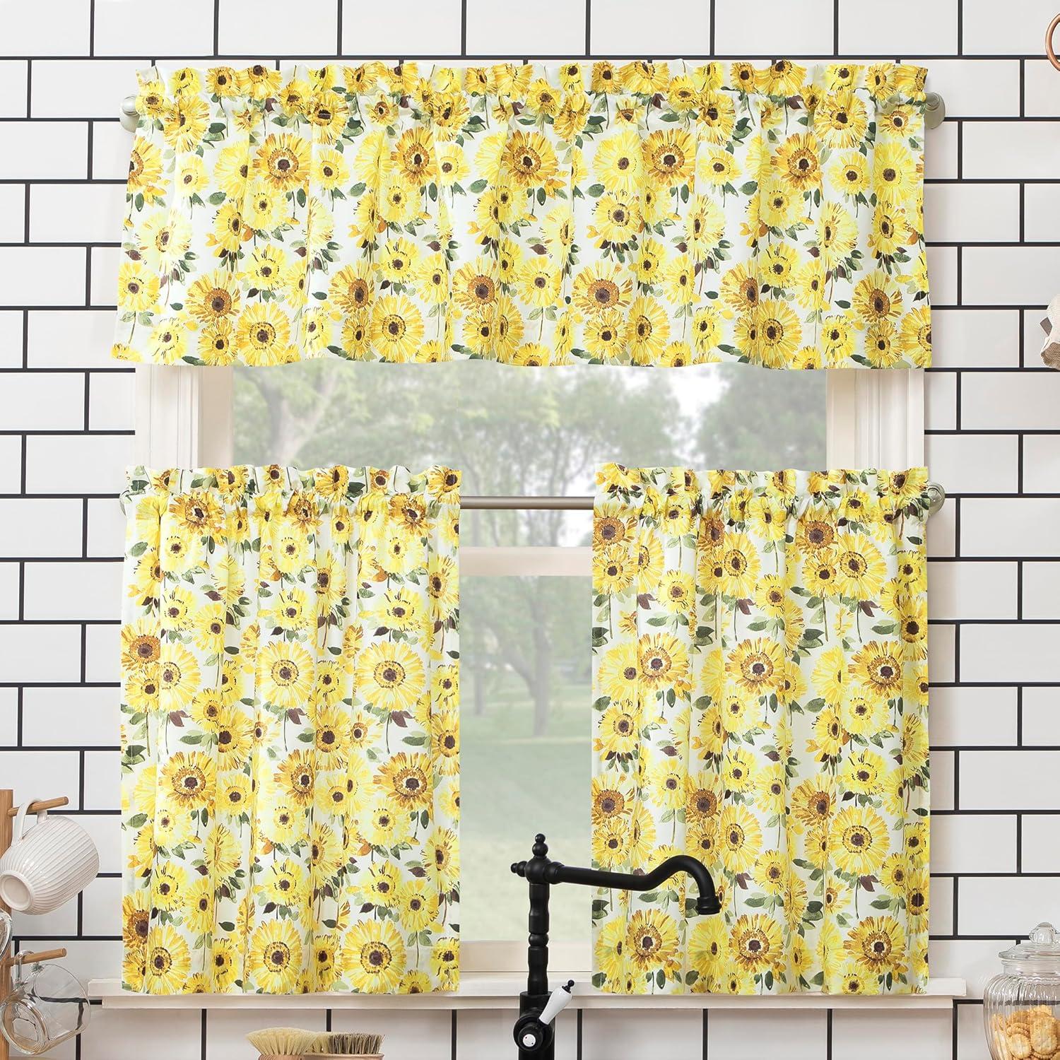 24"x54" Sunflower Print Semi Sheer Rod Pocket Kitchen Curtain Valance and Tiers Set Yellow - No. 918: Floral Botanical Design