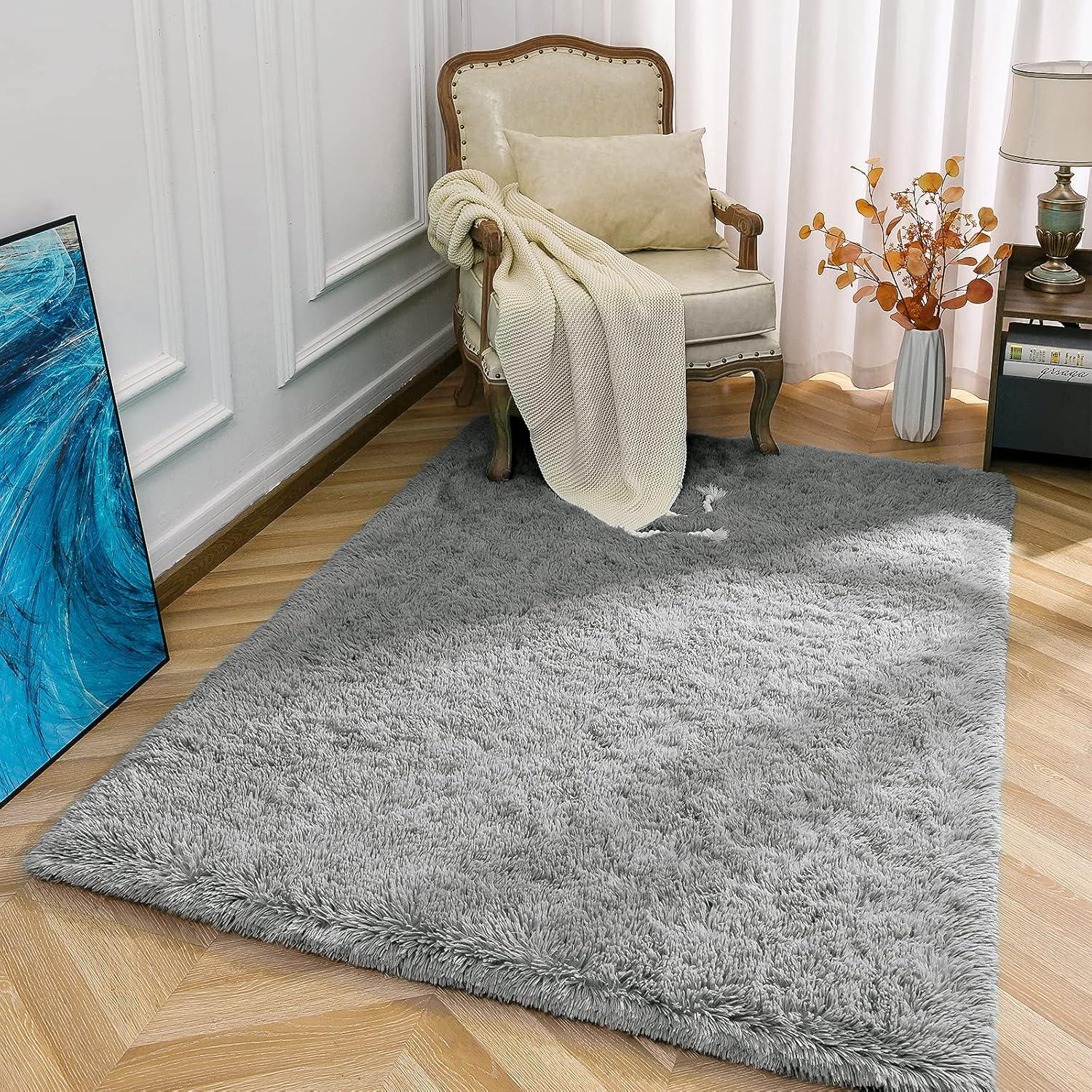 Kimicole Grey Area Rugs for Bedroom Living Room, 4x5.9 Soft Fluffy Shaggy Rug, Non-Slip Fuzzy Furry Rugs for Nursery Kids Room Dorm Room Home Decor, High Pile Indoor Plush Floor Carpet