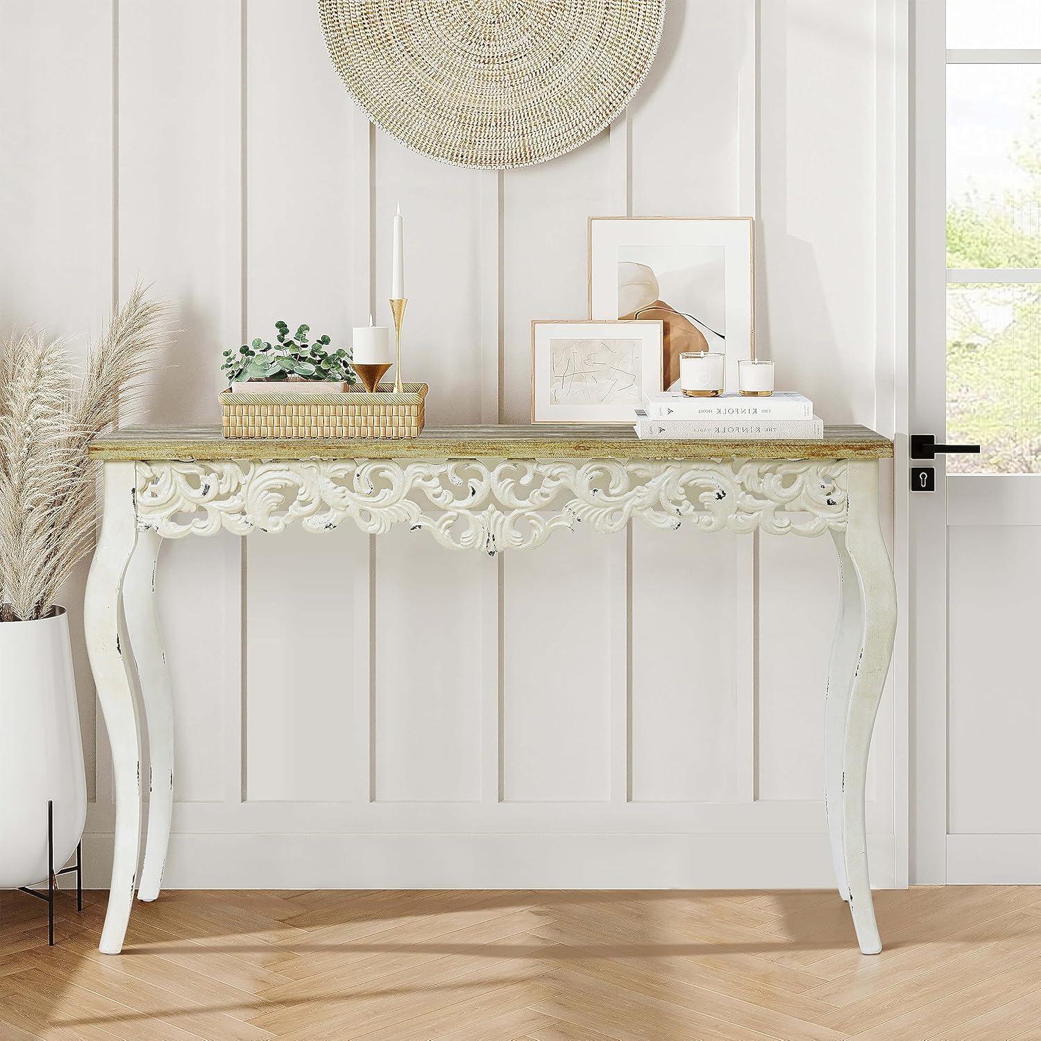 LuxenHome Victorian Off White and Natural Wood Console and Entry Table Off-White