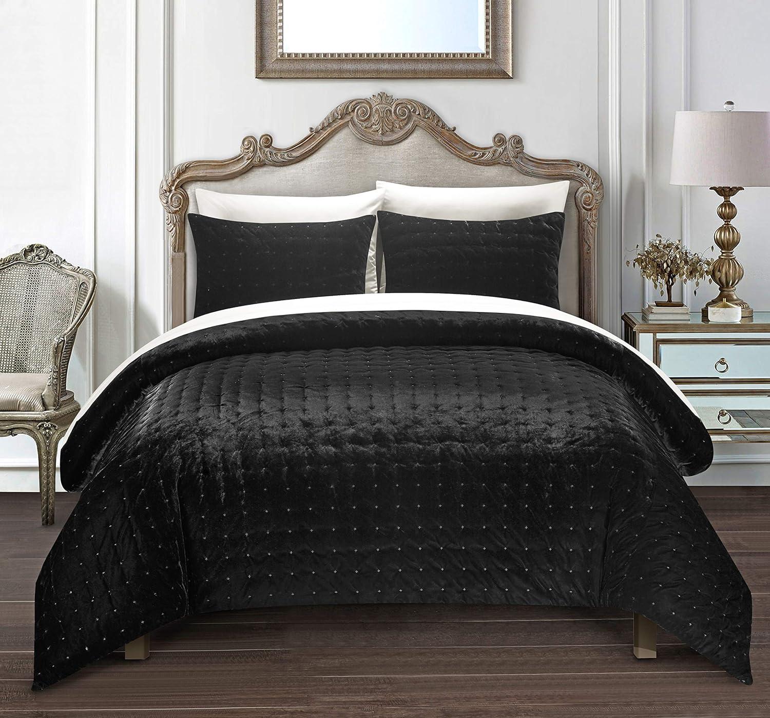 King Black Quilted Velvet Down Alternative Comforter Set