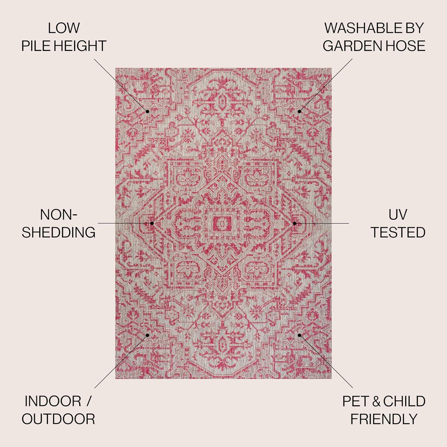 4' x 6' Estrella Bohemian Medallion Textured Weave Indoor/Outdoor Area Rug, Light Gray/Fuchsia - JONATHAN Y