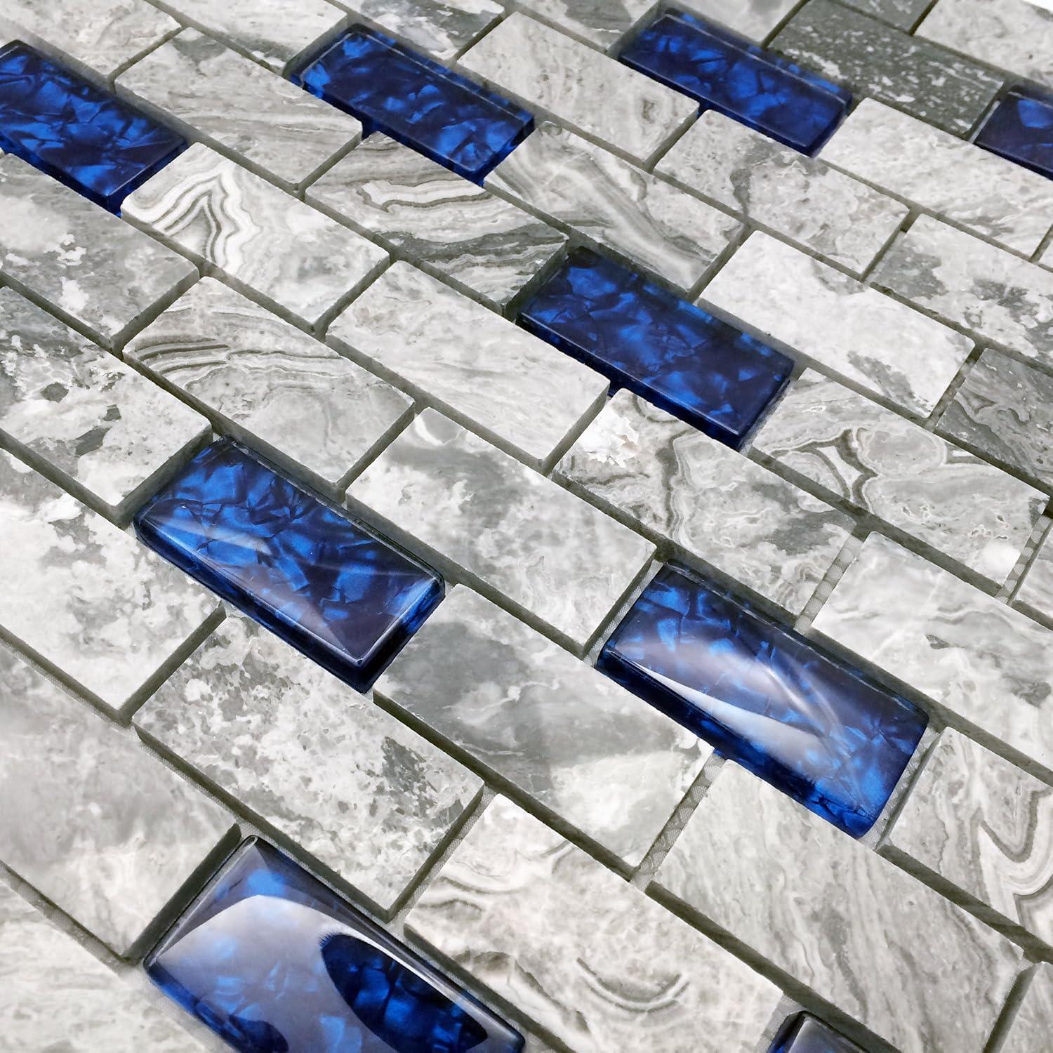 Navy Blue and Gray Polished Marble Glass Mosaic Tile