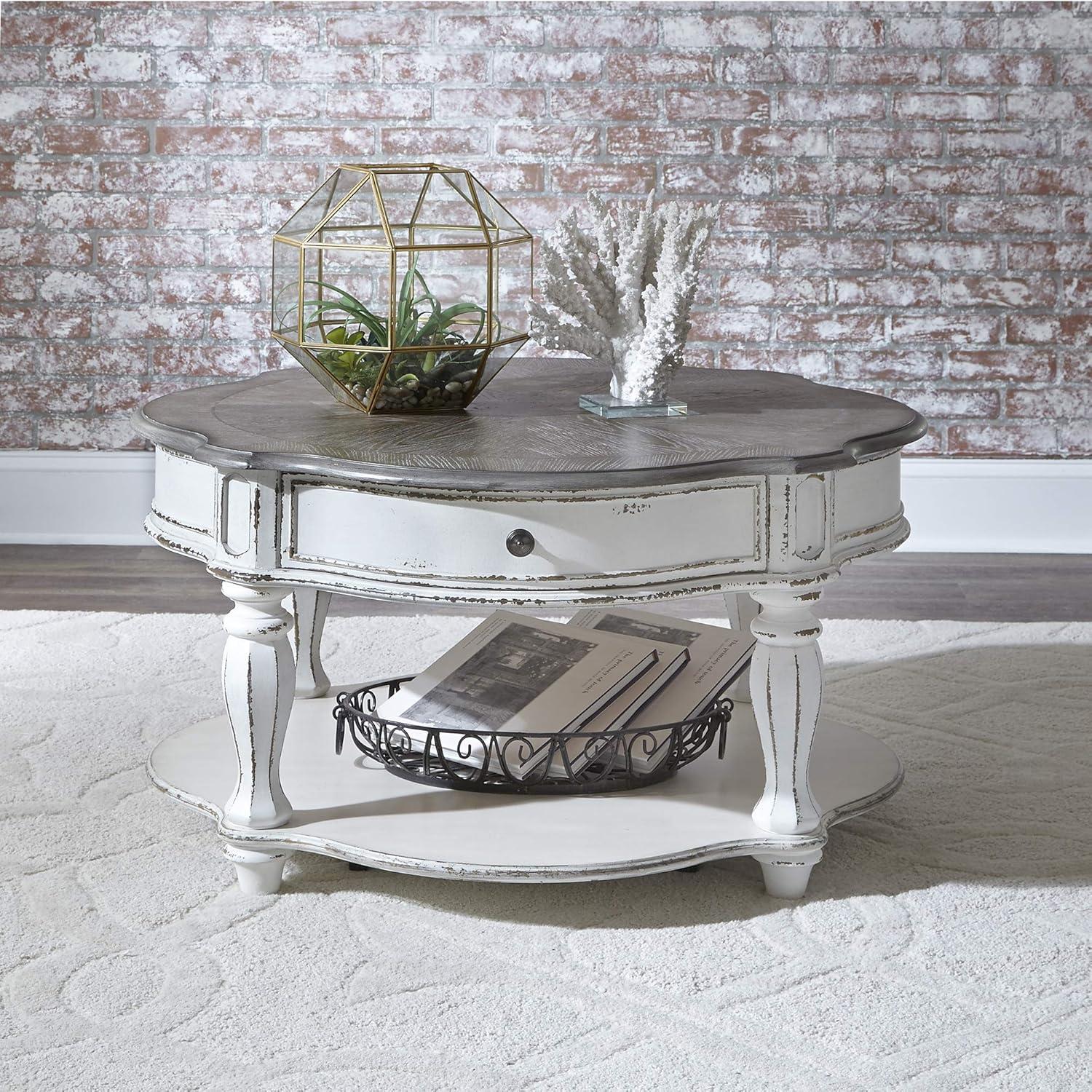 Antique White Round Wood Cocktail Table with Storage