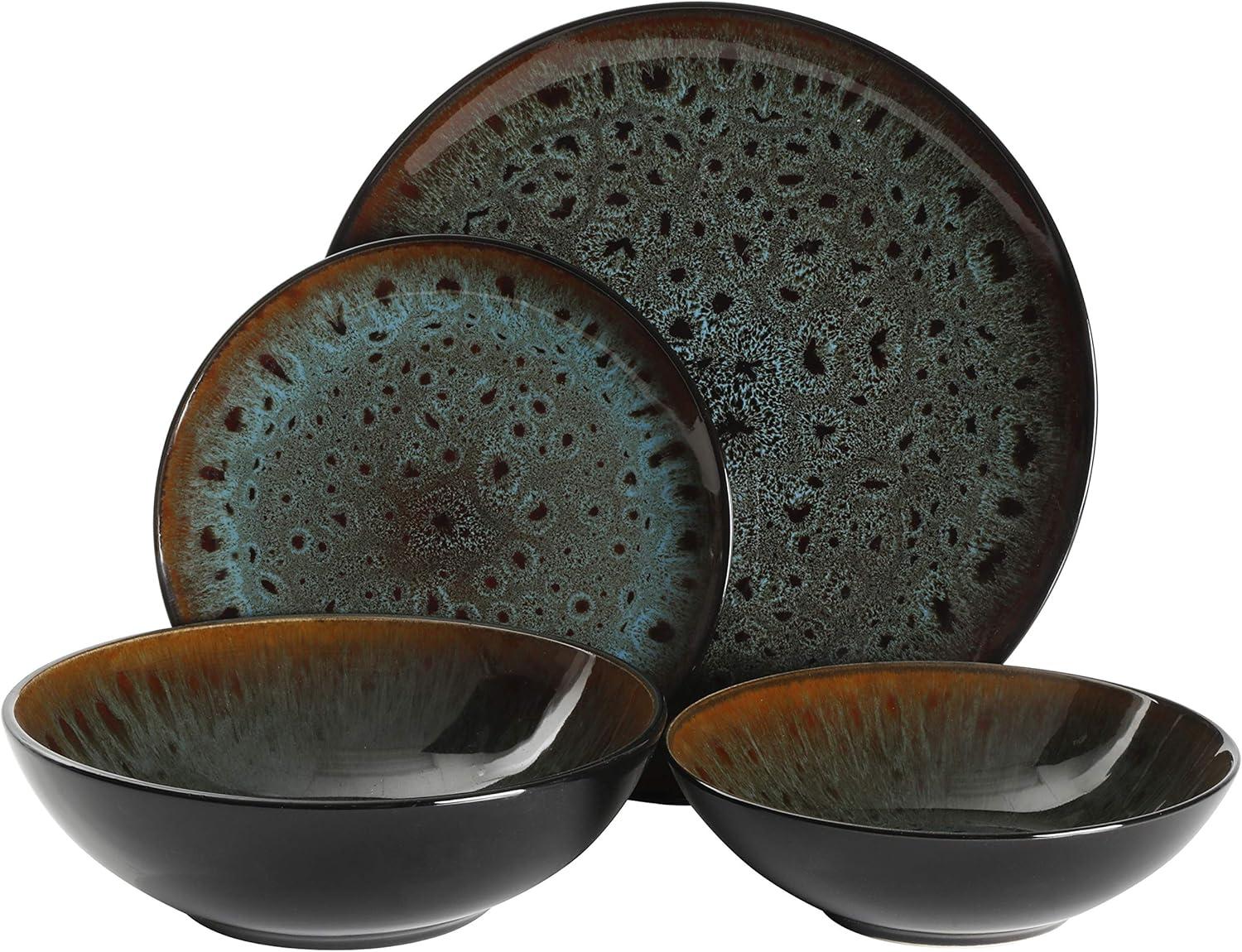 Gibson Elite Kyoto 16 Piece Double Bowl & Plate Dinnerware Set, Teal