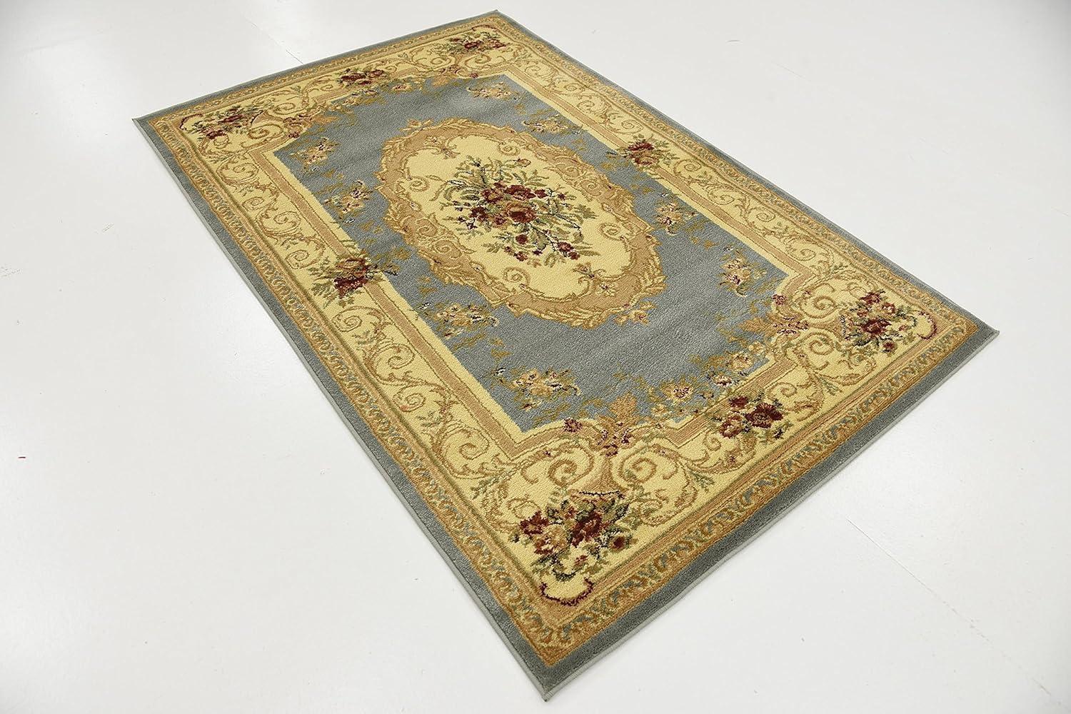 Light Blue and Beige Medallion Synthetic 4' x 6' Area Rug