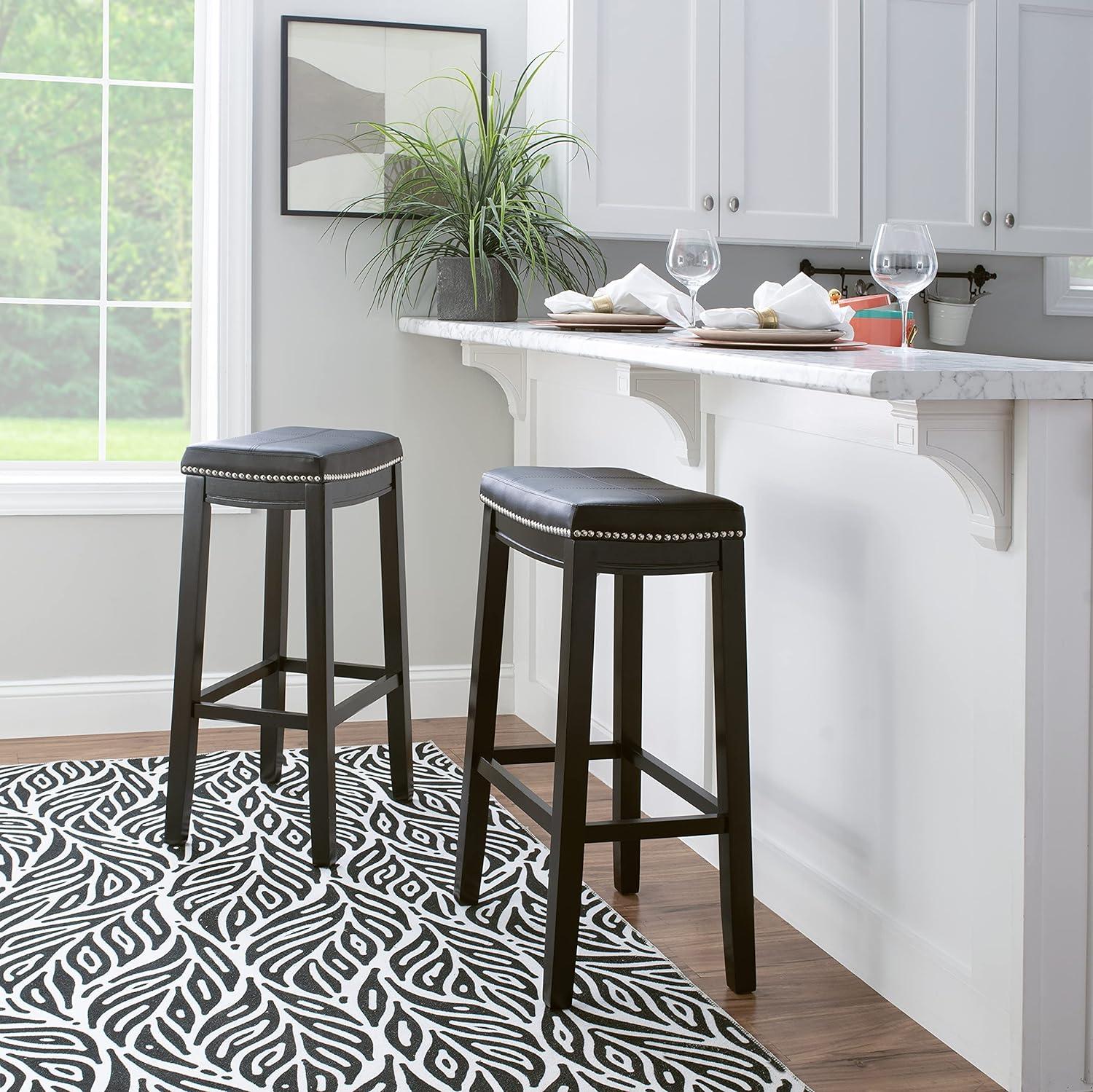 Claridge Backless Faux Leather Nailhead Saddle Barstool Black - Linon: Rubberwood Frame, 32.25" Height