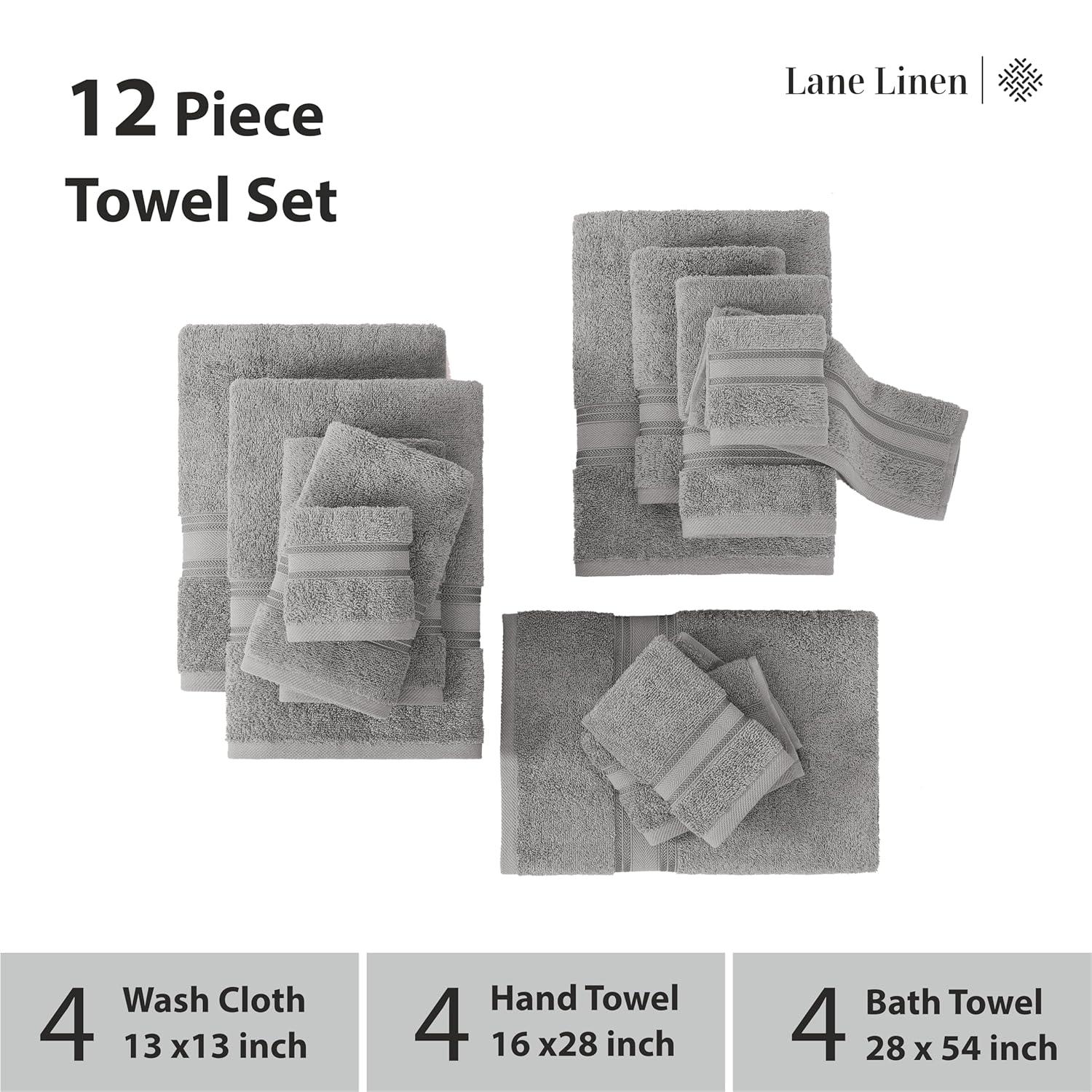 LANE LINEN Luxury Bath Towels Set - 12 Piece, 100% Cotton, Zero Twist, Super Soft & Absorbent, Includes 4 Bath Towels, 4 Hand Towels, 4 Washcloths - White