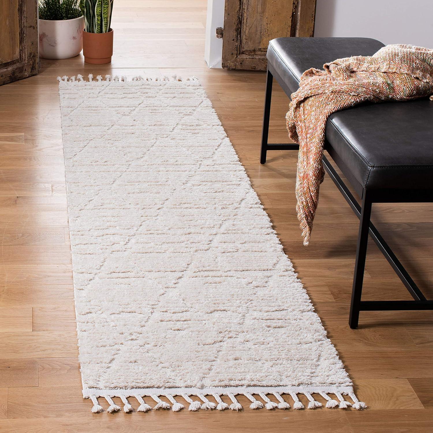 Beige Moroccan Boho Synthetic Runner Rug with Tassels