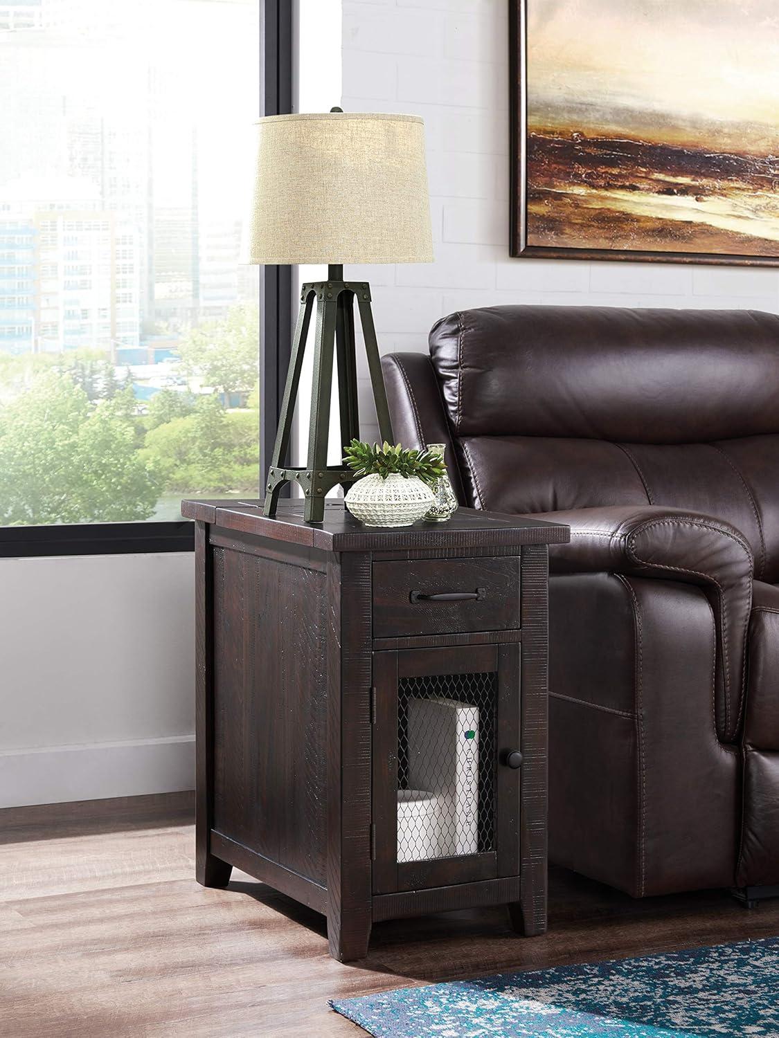 Espresso Rustic Pine Chairside Table with Power Outlets and Storage