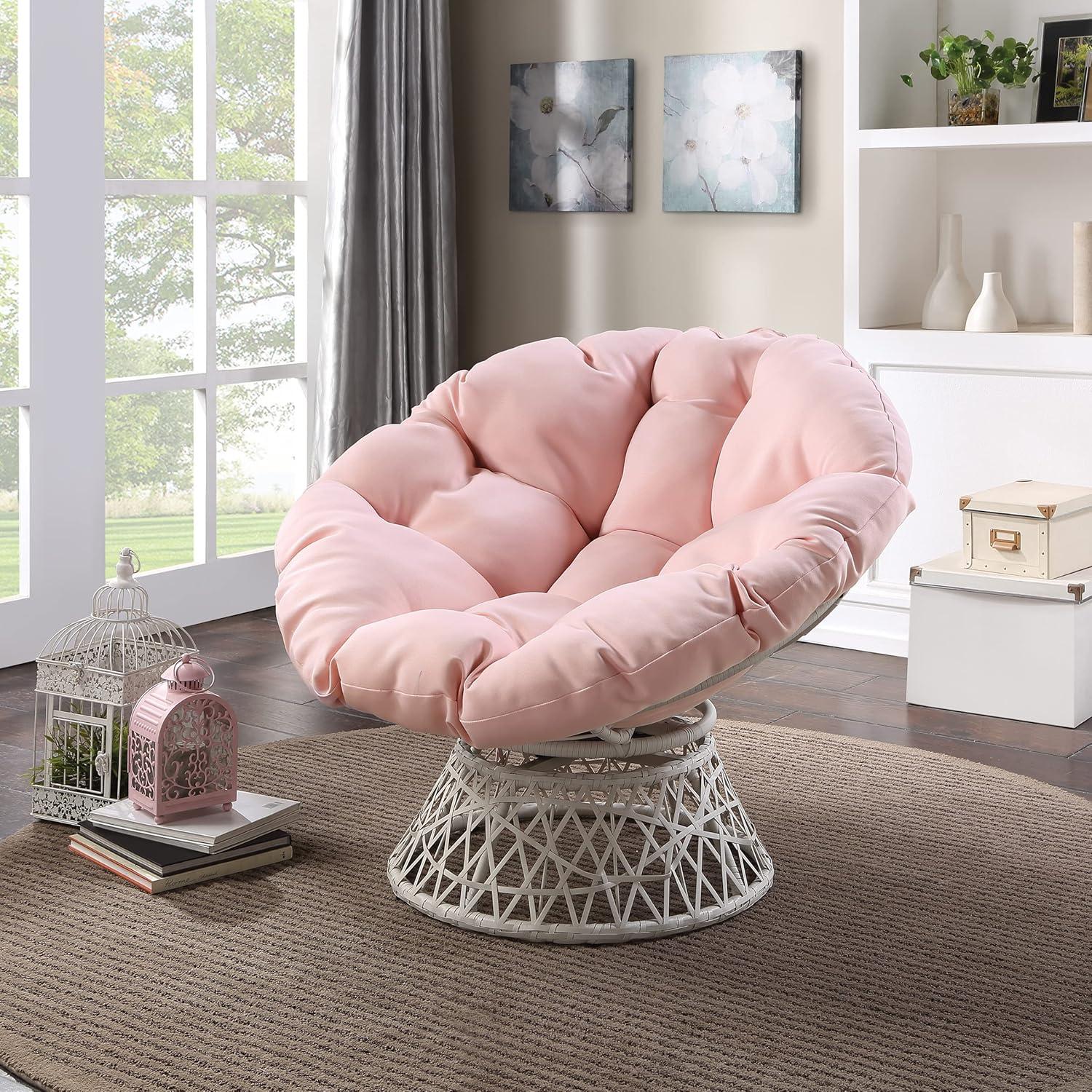 Papasan Chair with Pink Round Pillow Fabric Cushion and Cream Wicker Weave