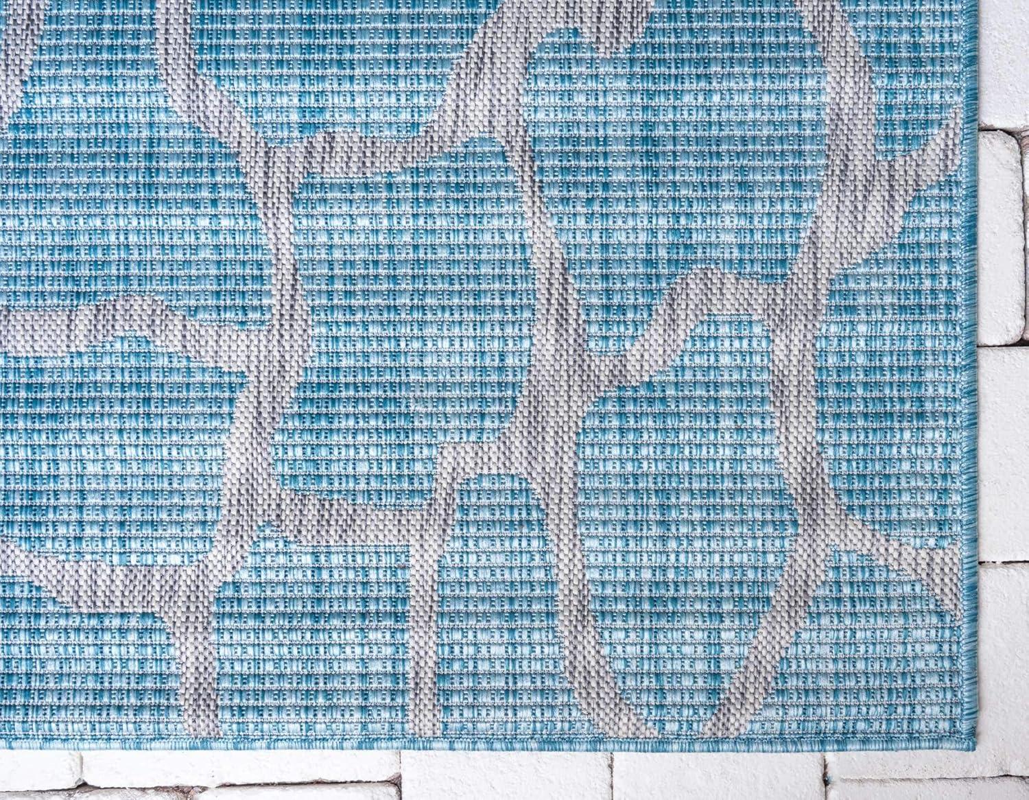 Aqua Blue Abstract Low Pile Indoor/Outdoor Area Rug