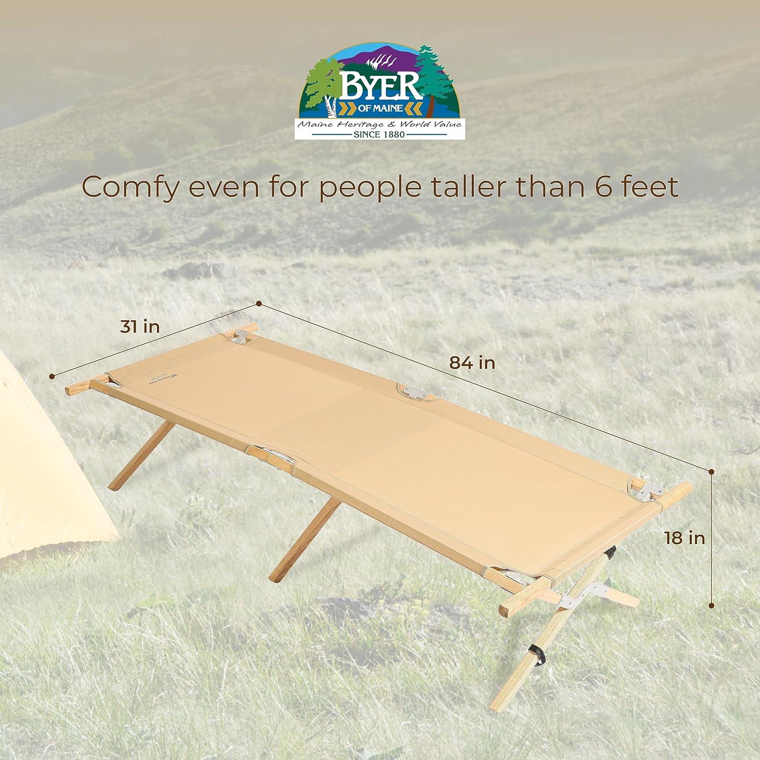 Beige Wooden Folding Camping Cot with Polyester Fabric