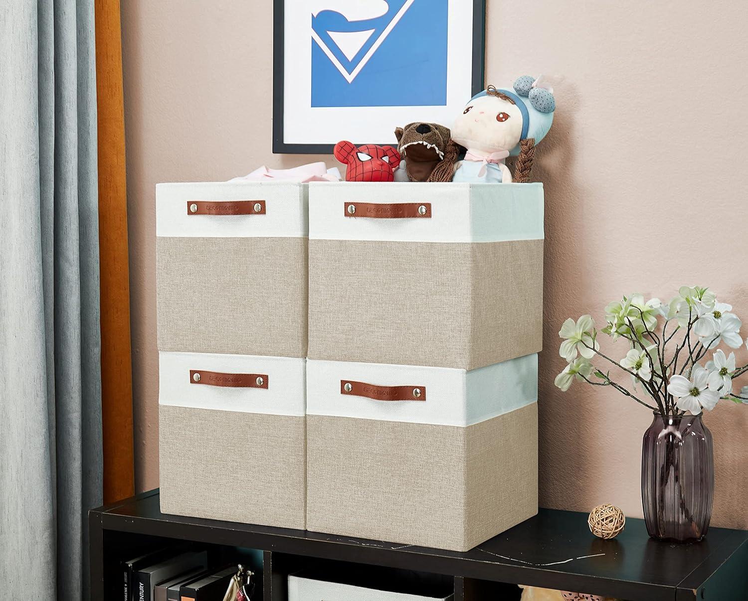 DECOMOMO Fabric Cube Storage Bins - Storage Baskets for Shelves, Cube Storage Organizer for Kallax and Cubbies (Beige & White, 11 inch Cube) - 4 Pack