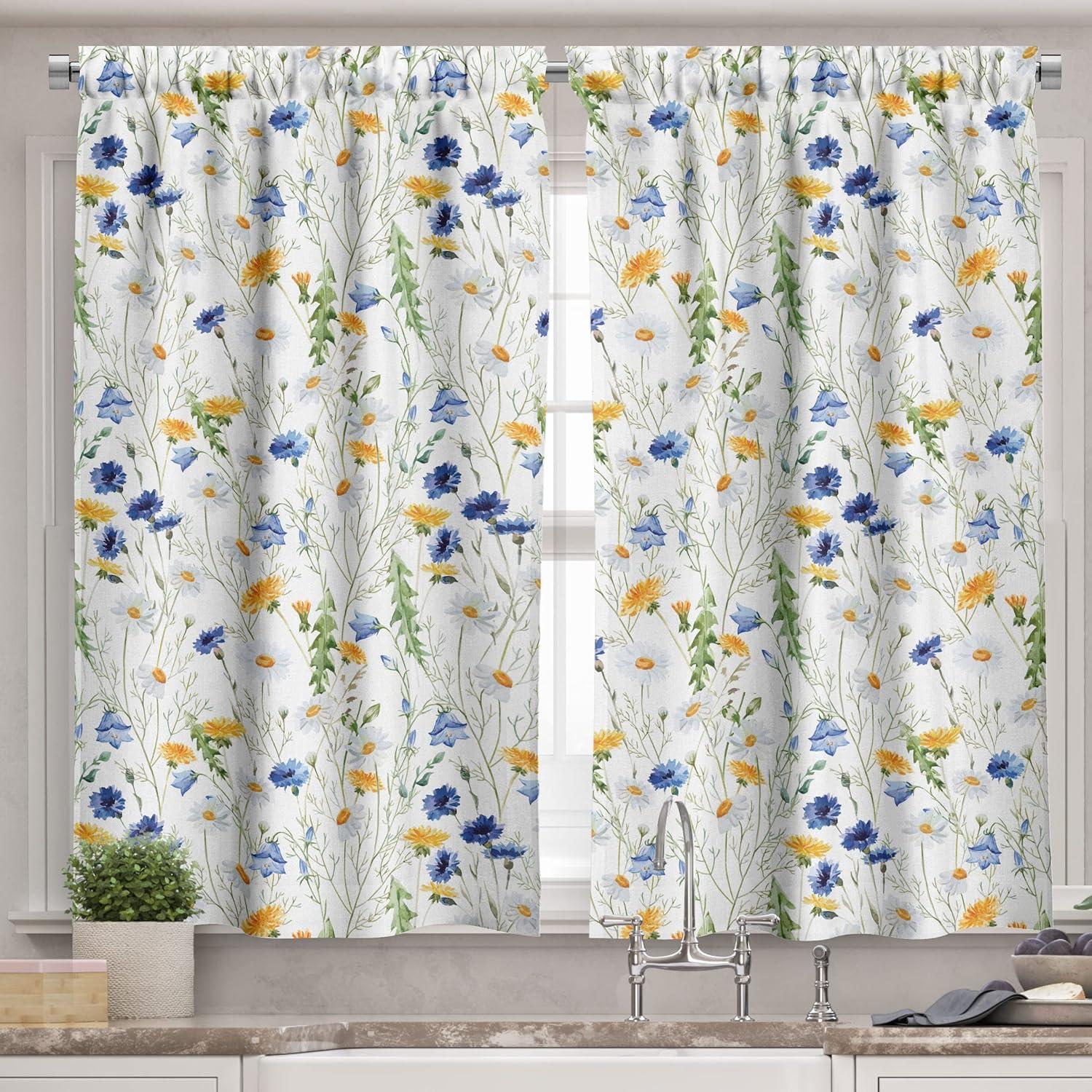 Ambesonne Nature Valance & Curtain, Poppies Daisies Rural, 55"x30", Pale Green Yellow Blue