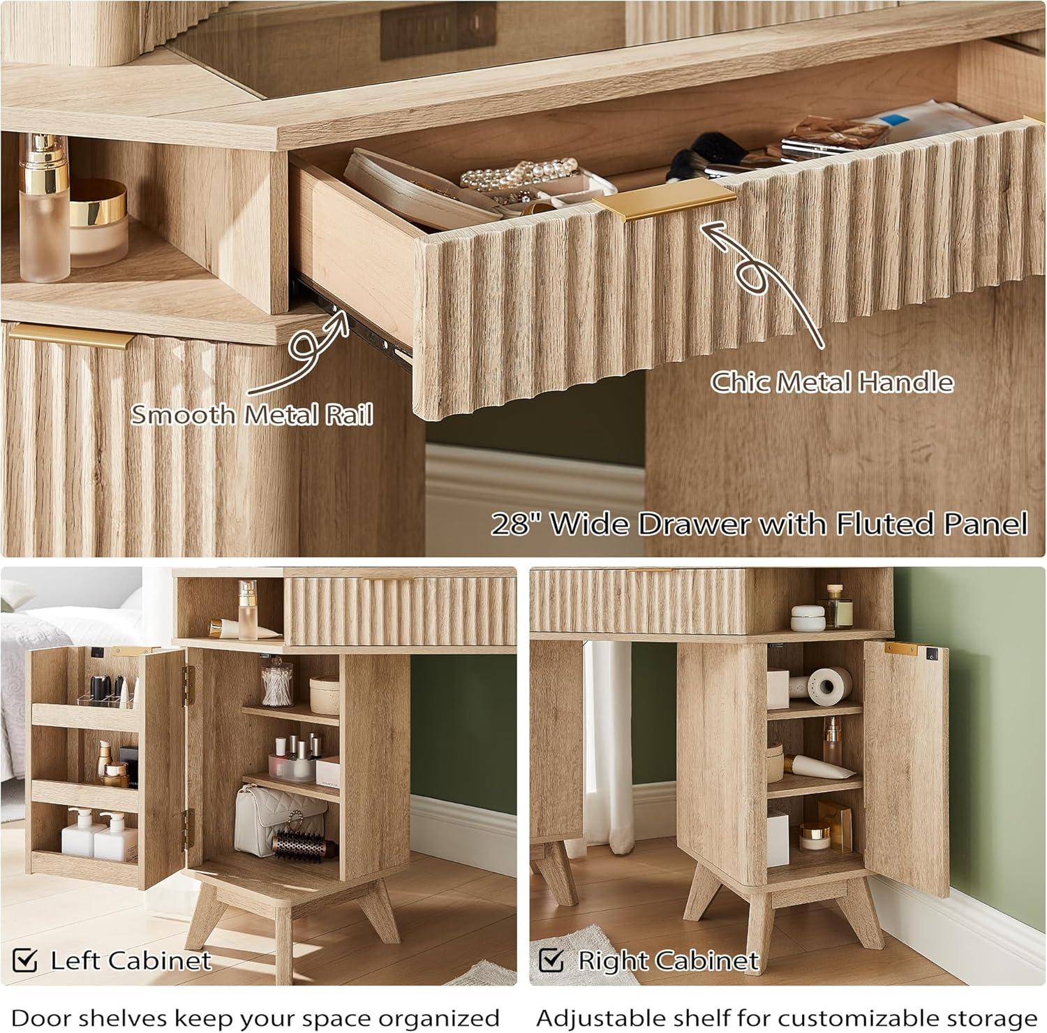 Brayden Studio® Fluted Makeup Vanity Desk with 3 Way Mirror and Lights,48" Large Corner Vanity Table with Glass Top