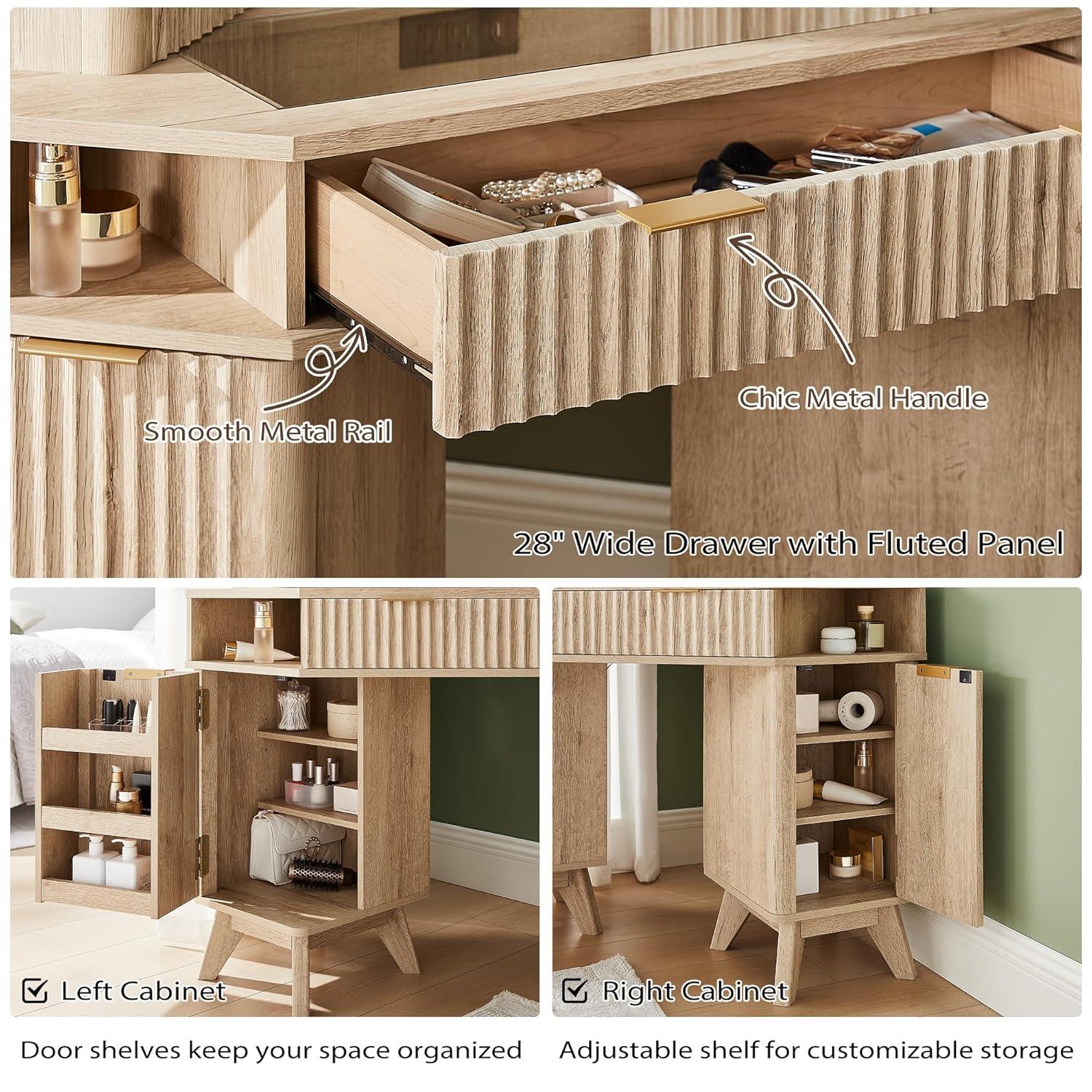 Brayden Studio® Fluted Makeup Vanity Desk with 3 Way Mirror and Lights,48" Large Corner Vanity Table with Glass Top
