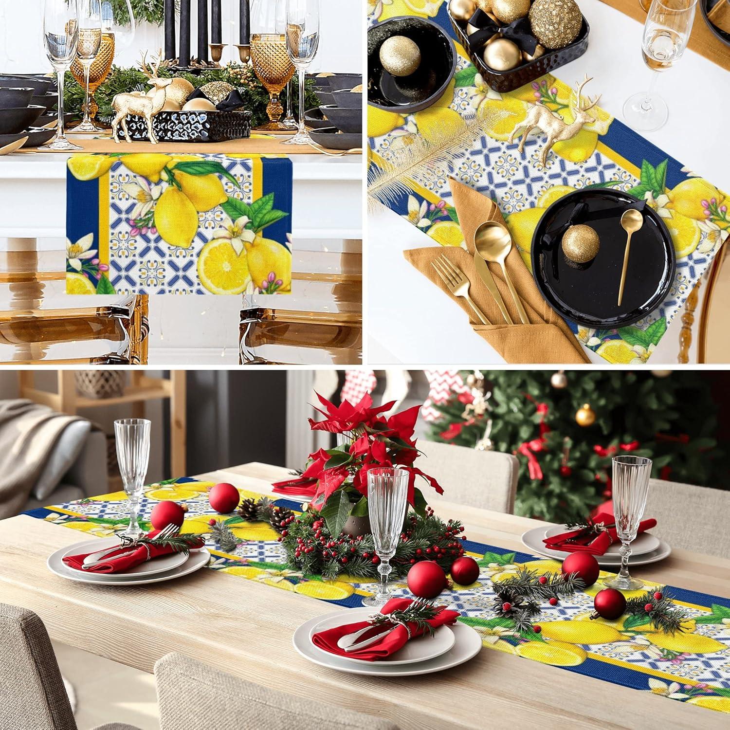 Jbralid Lemon Table Runner Spring Summer Seasonal Yellow Blue Table Runners Farmhouse Kitchen Dining Table Decoration for Indoor Outdoor Home Decor 13x72 Inch