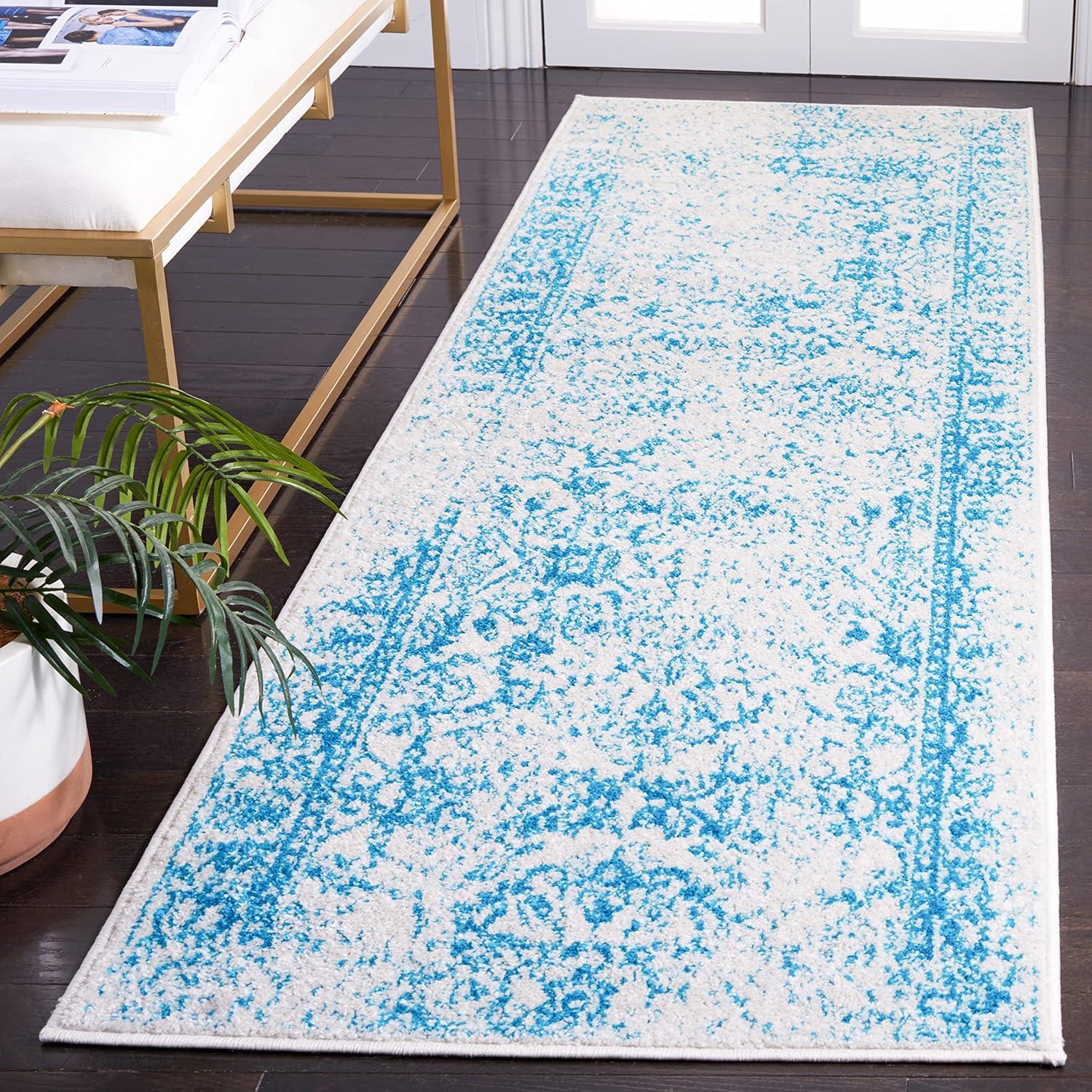 Ivory and Teal Hand-Knotted Synthetic Runner Rug