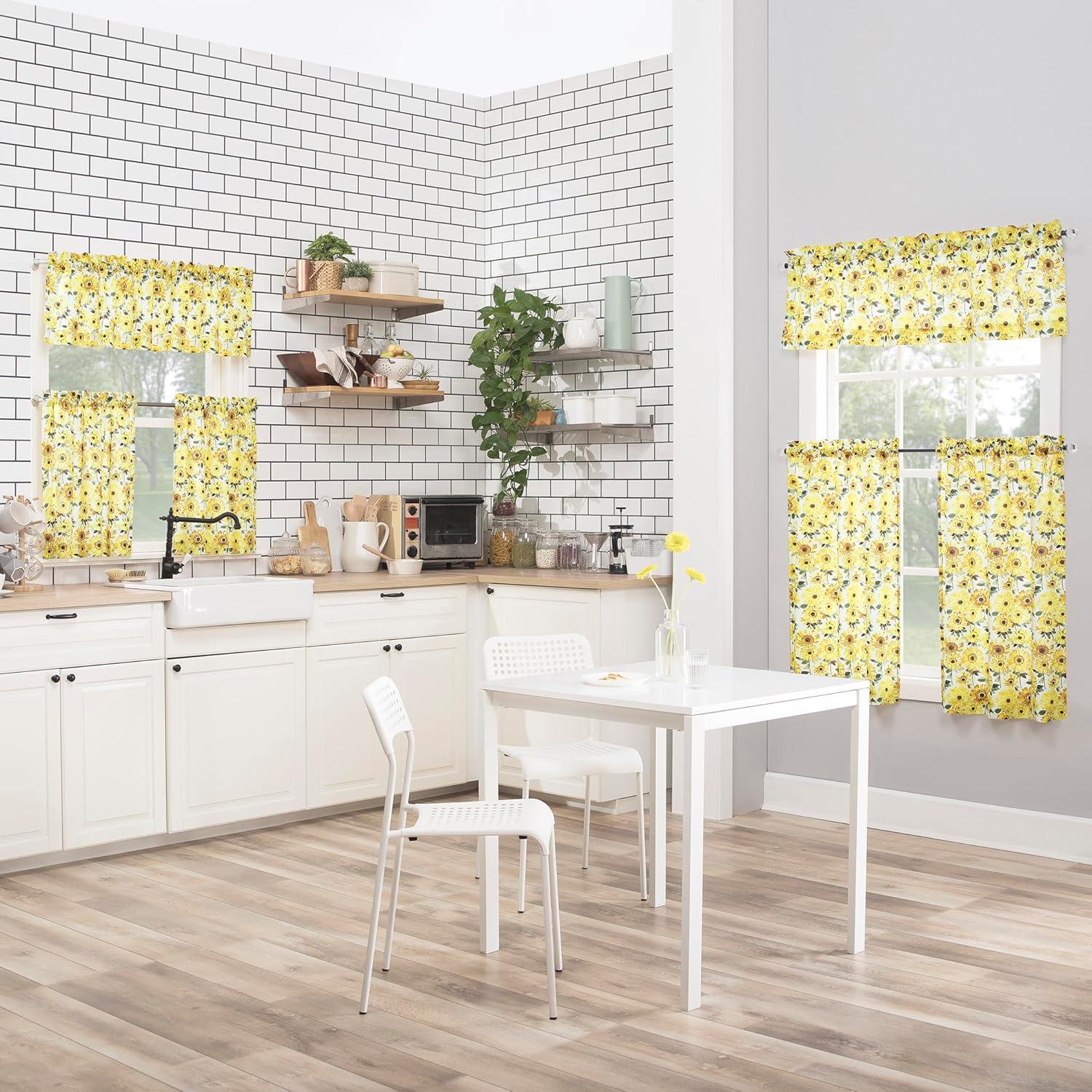 24"x54" Sunflower Print Semi Sheer Rod Pocket Kitchen Curtain Valance and Tiers Set Yellow - No. 918: Floral Botanical Design
