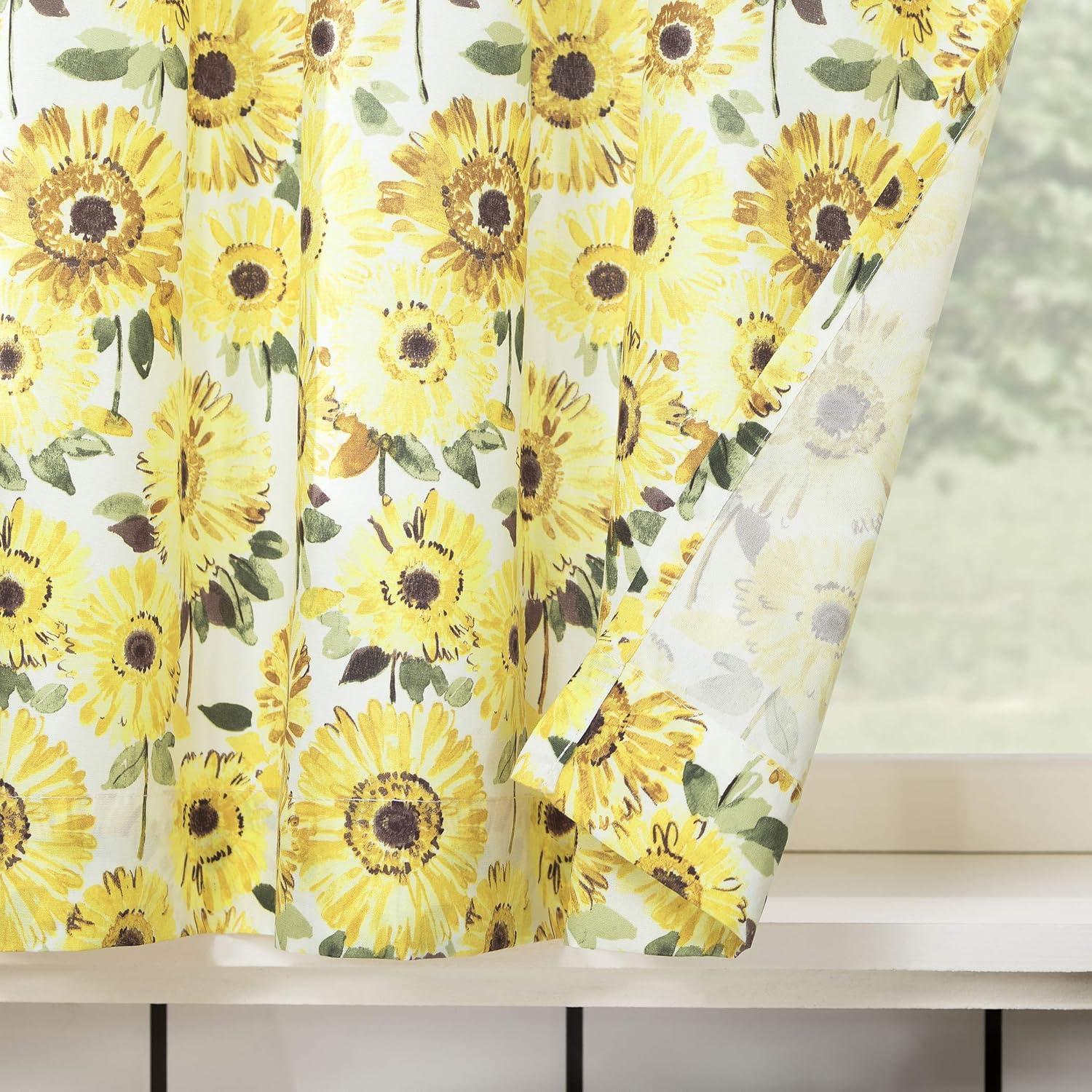 Sunflower Print Semi Sheer Rod Pocket Kitchen Curtain Valance and Tiers Set Yellow - No. 918