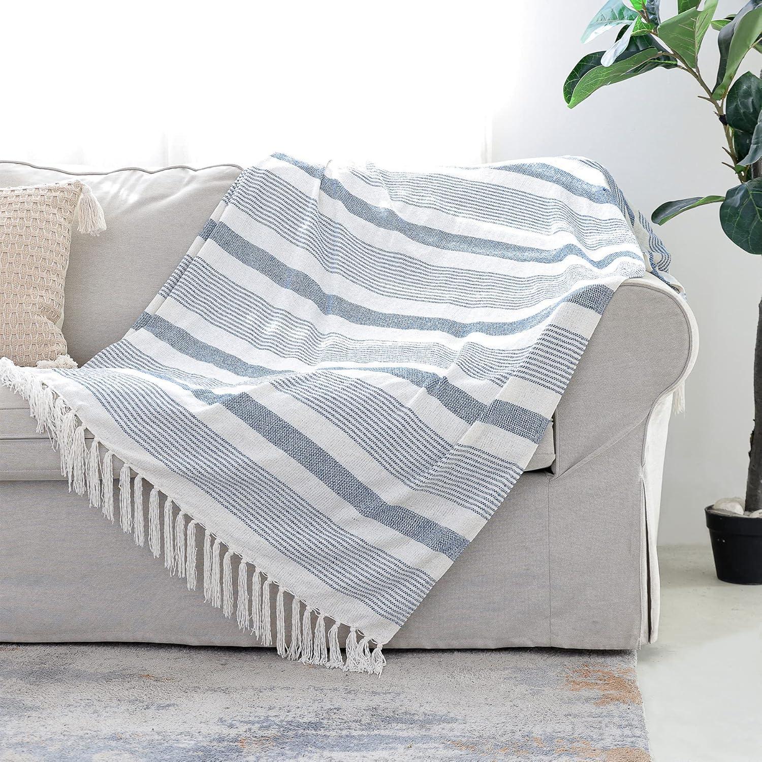 Blue and Ivory Chenille Striped Throw Blanket with Fringe