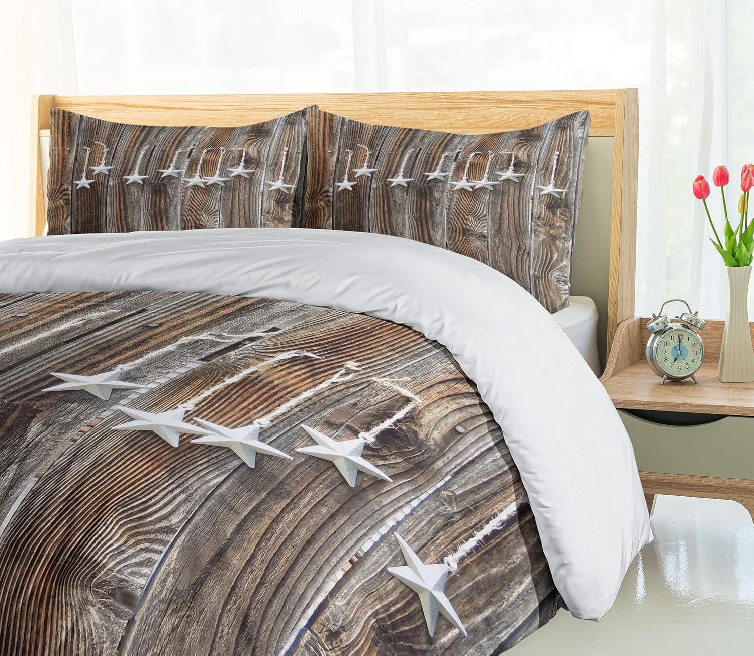 Queen Brown and Grey Rustic Star Duvet Cover Set