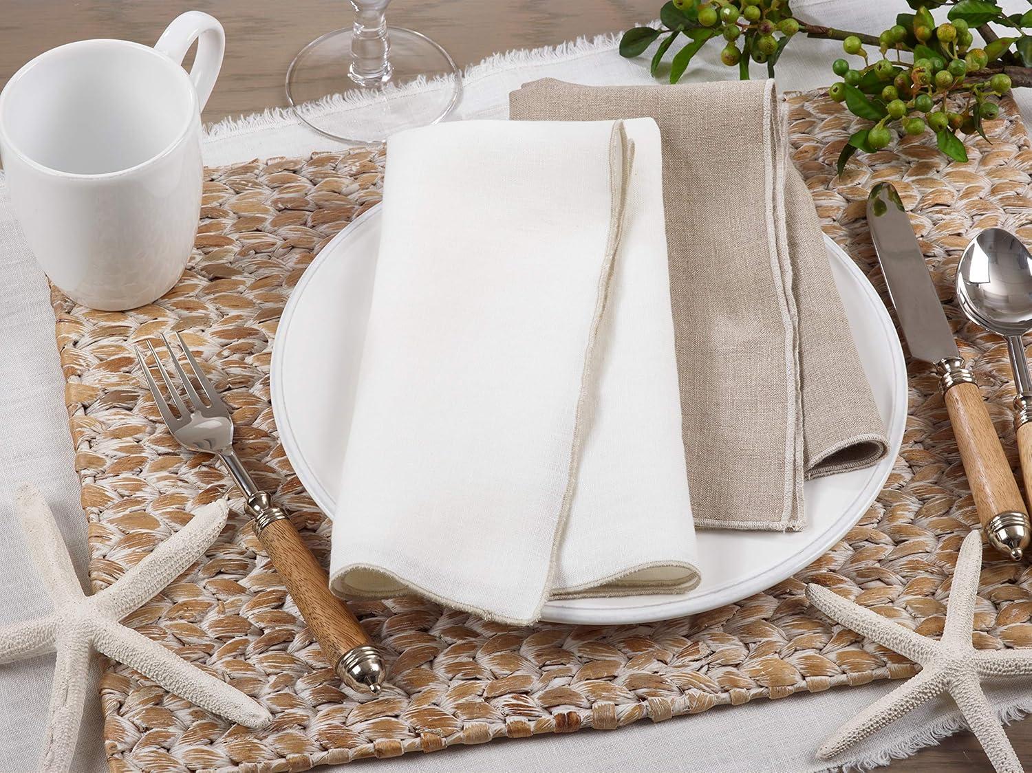 Saro Lifestyle Stitched Border Stonewashed Linen Napkins (Set of 4), Natural, 20" x 20"