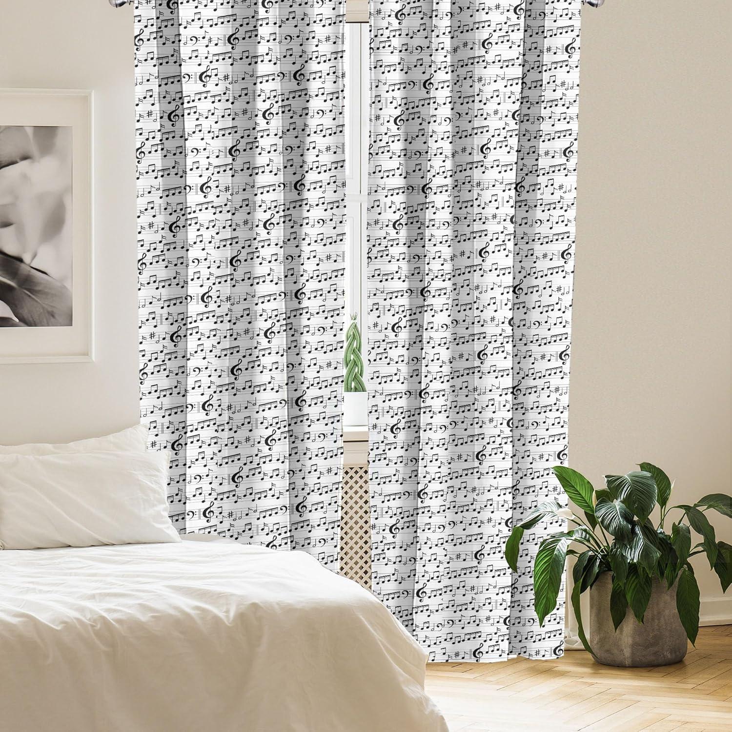 Ambesonne Music Curtains, Abstract Clef Sheet, Pair of 28"x63", Black White