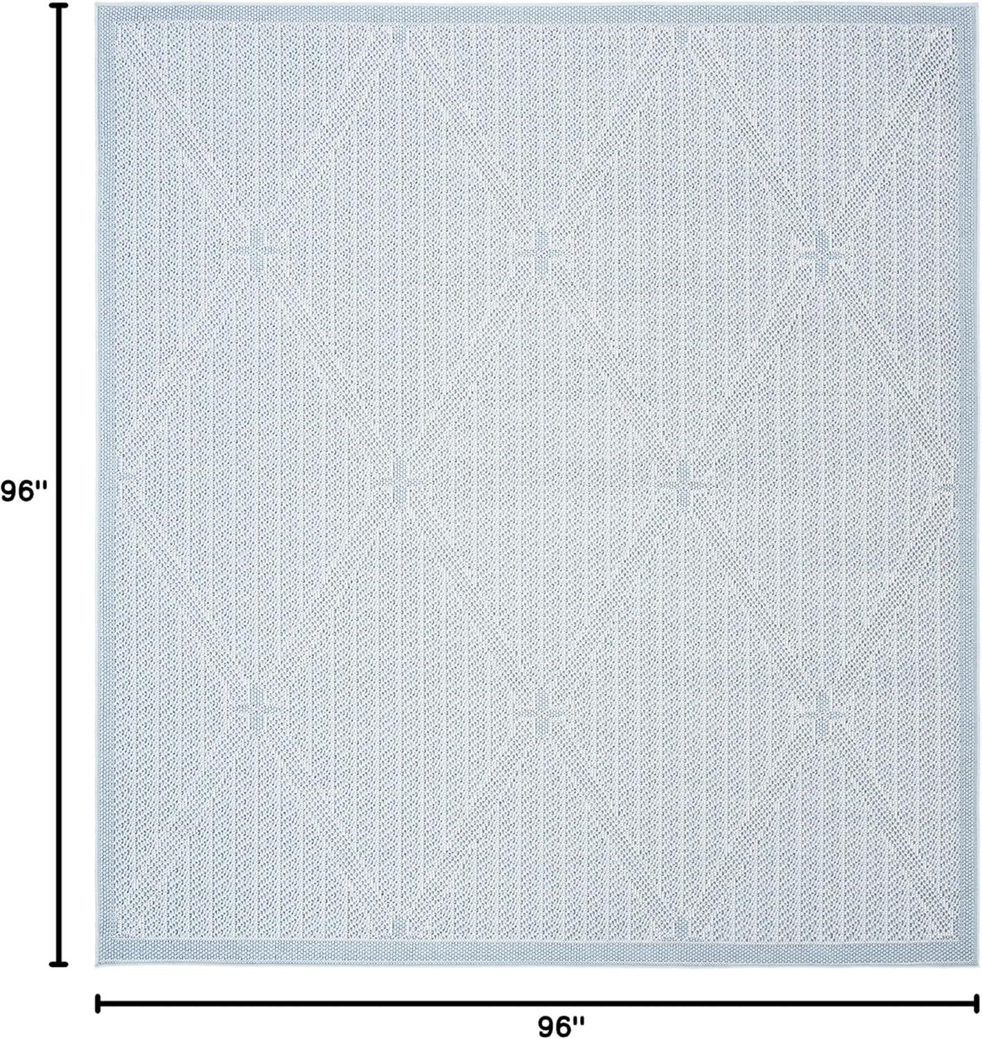 Light Blue and Ivory Geometric 8' Square Washable Rug