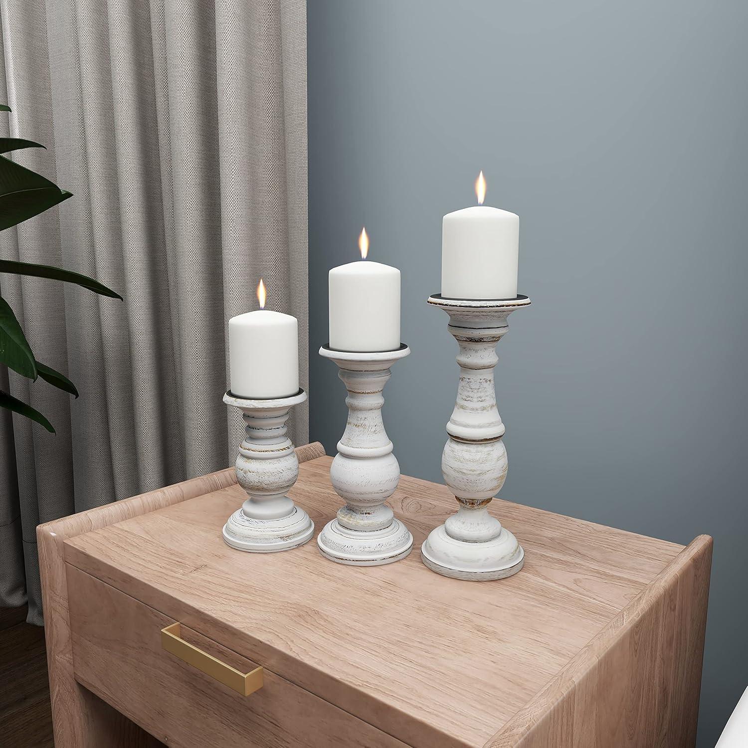 Set of 3 Rustic Pillar Candle Holder White - Olivia & May: Elegant Mango Wood, Sturdy Base, Indoor Use