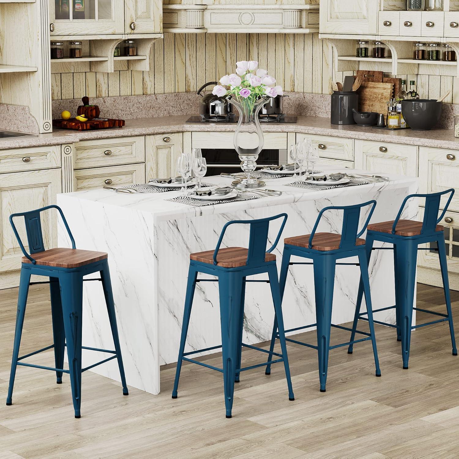 Distressed Navy Industrial Metal Bar Stools with Wood Seats