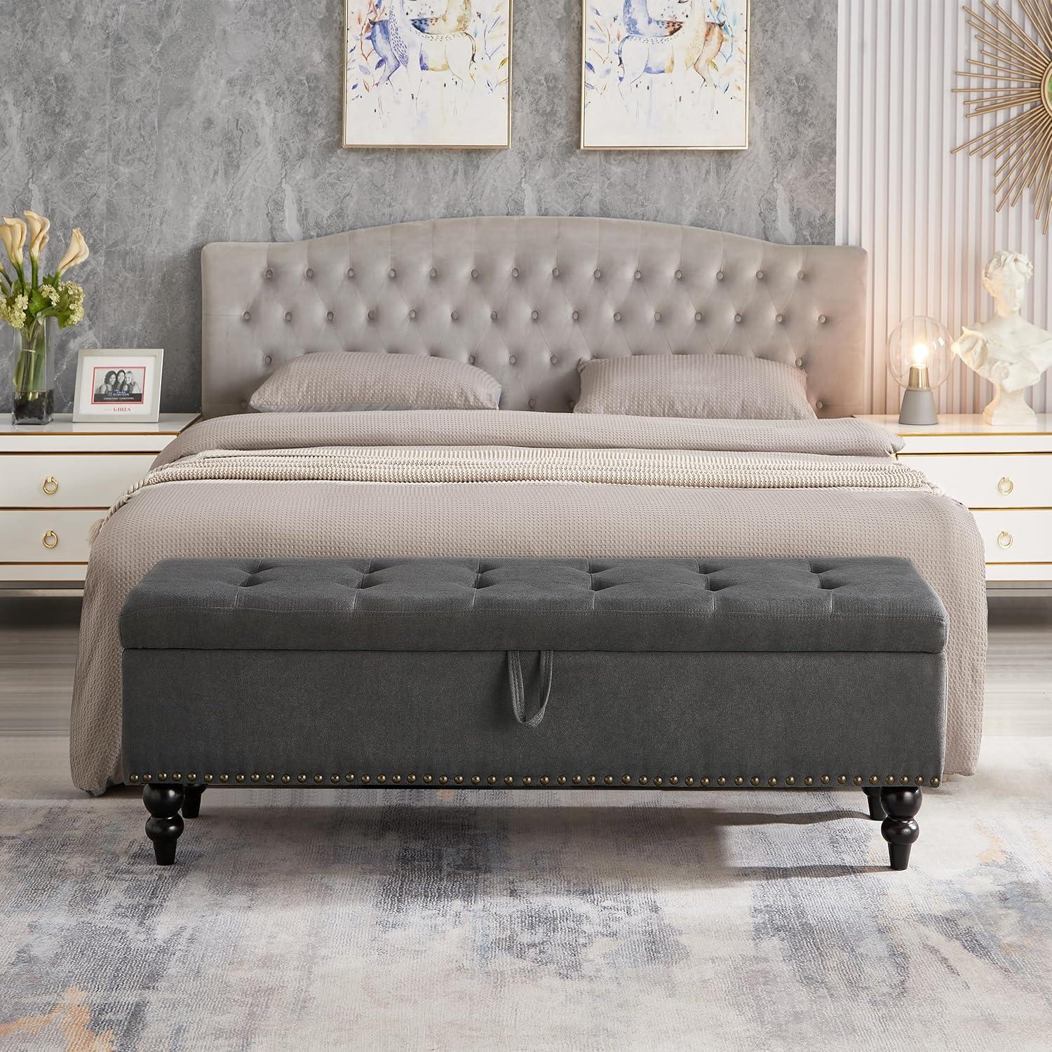 59" Tufted Button Storage Bench, Modern Linen Upholstered Ottoman with Wooden Legs, Bed End Bench Window Bench for Bedroom Living Room, Grey
