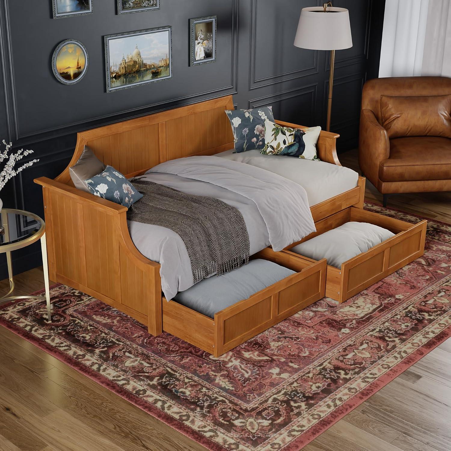 AFI Cambridge Wood Twin Size Daybed Frame with 2 Storage Drawers, Light Toffee