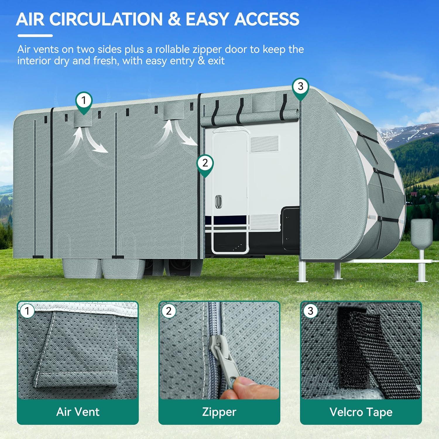 Travel Tailer RV Cover Camper Cover 27-30ft Super Thick Waterproof Windproof Anti-UV Rip-Stop Motorhome Covers with 2 Long Straps 4 Tire Covers Tongue Jack Cover